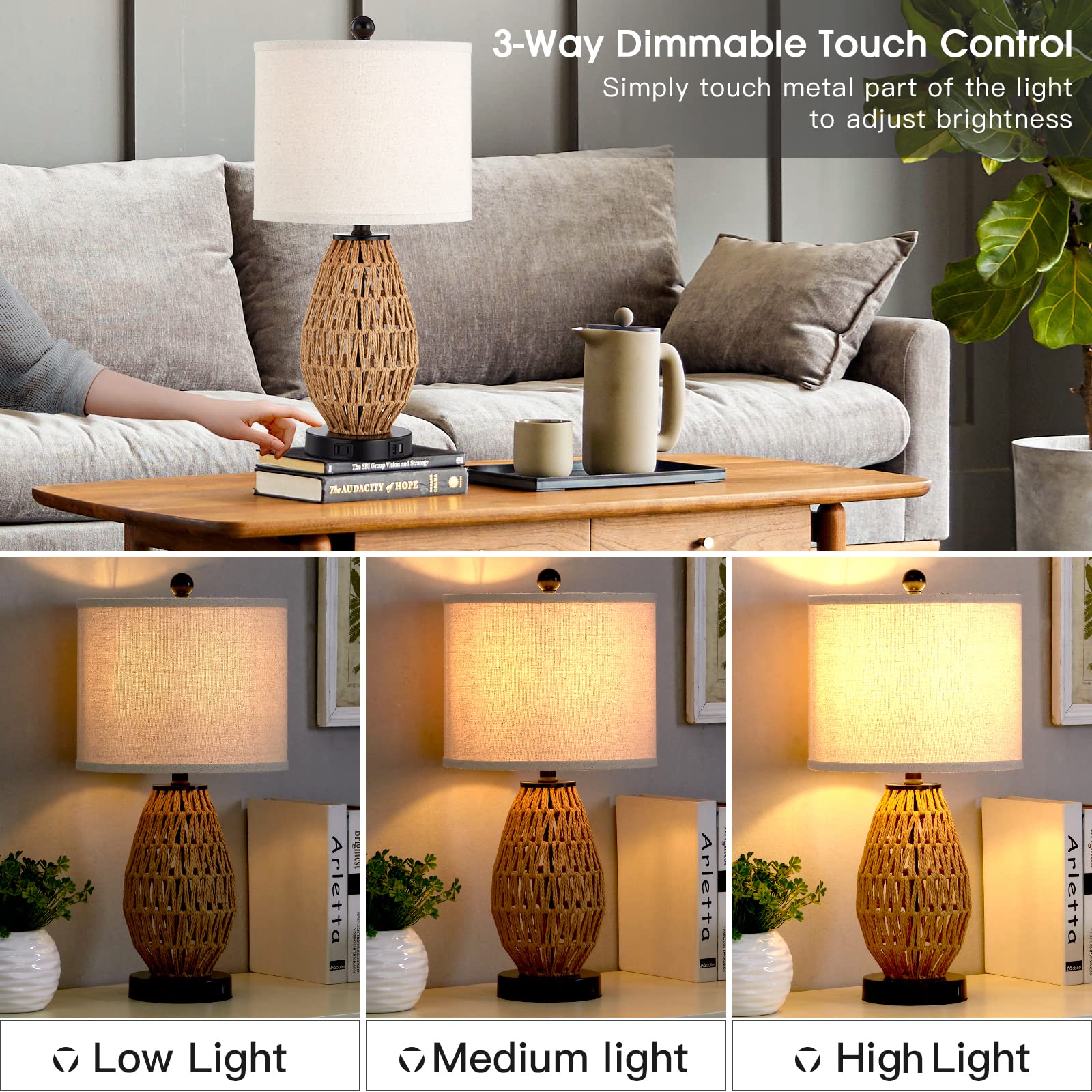 Cinsary Touch Control Rattan Table Lamps, 3 Way Dimmable Bedside Lamps For Bedroom With 2 Usb Ports And Ac Outlet, Wicker Nightstand Lamps For Living Room Home Office (Led Bulbs Included)