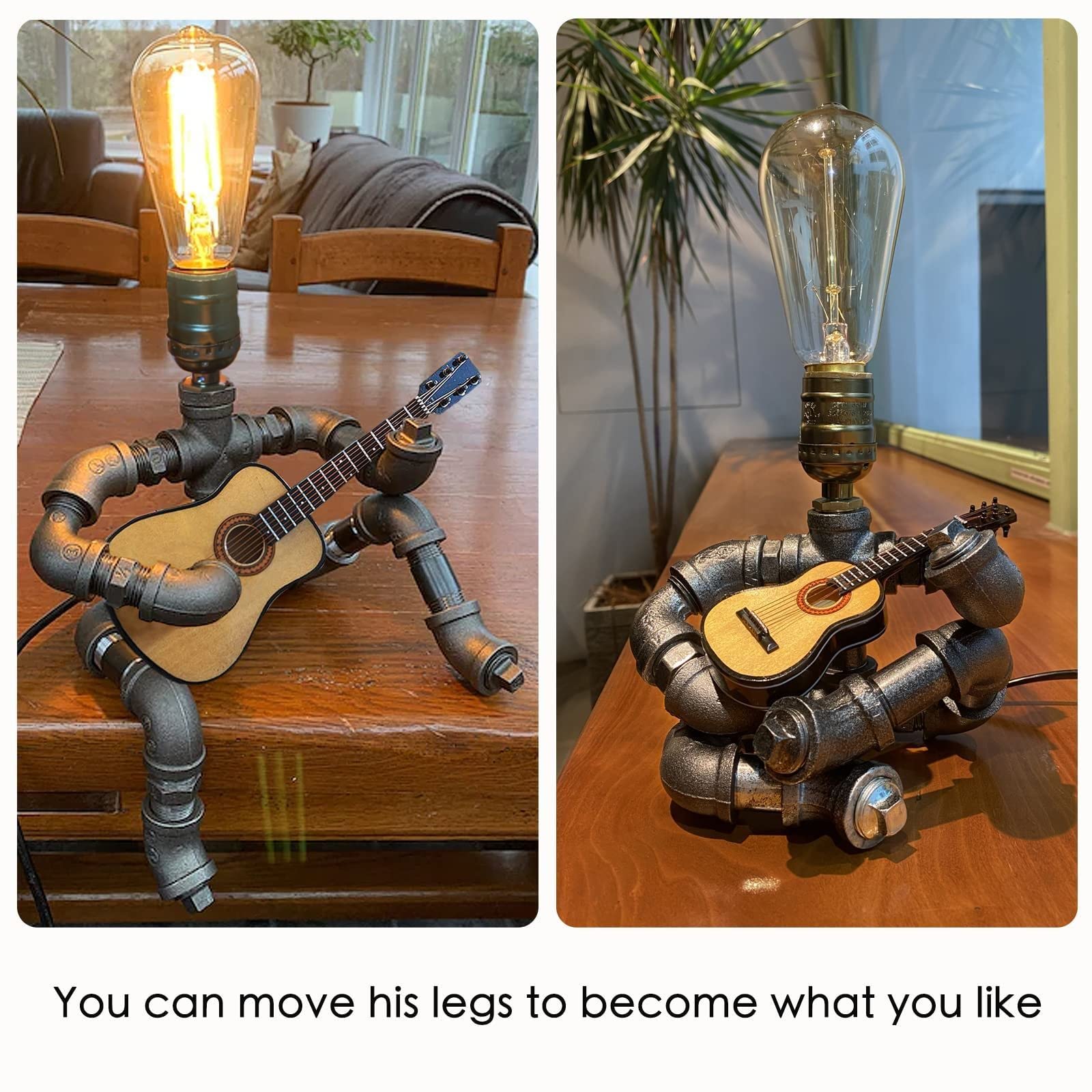 Wibota Music Guitar Table Lamp Art Decor Guitar Stuff Cool For Music Art Lovers Microphone Players For Men Steampunk Pipe Man Edison Bulb Lamps Retro Guitars Metal Pipe Industrial Robot Lights