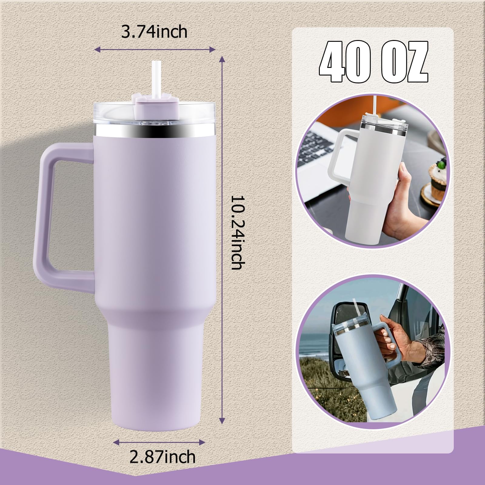40 Oz Tumbler With Handle And Straw, Leak Proof Stainless Steel Insulated Travel Coffee Tumbler Cup