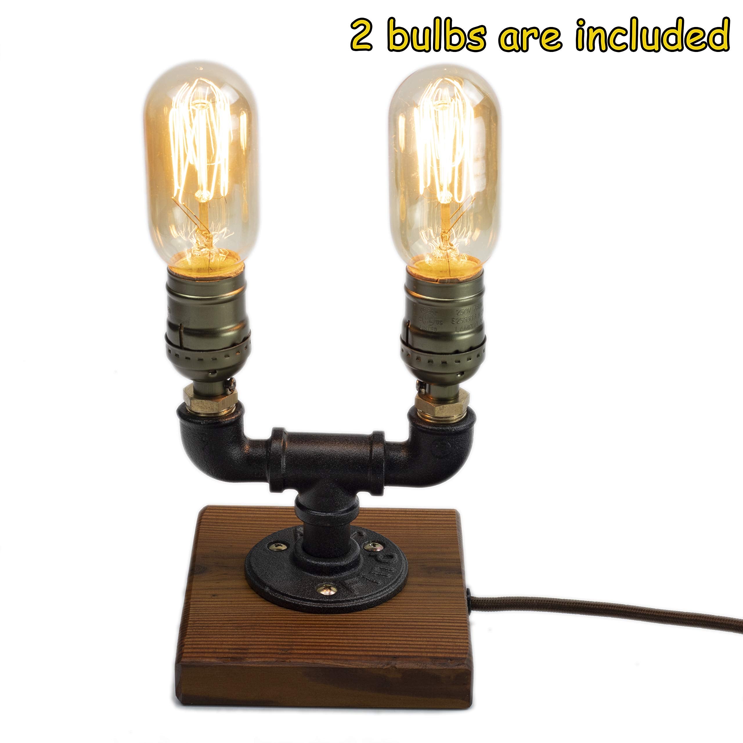 Y-Nut Steampunk Lamp With Dimmer, Dimmable Loft Style Industrial Vintage Antique Style Light With 2 Bulbs, Wood Base With Iron Piping Desk Lamp, Retro Desk Lamp Ll-027