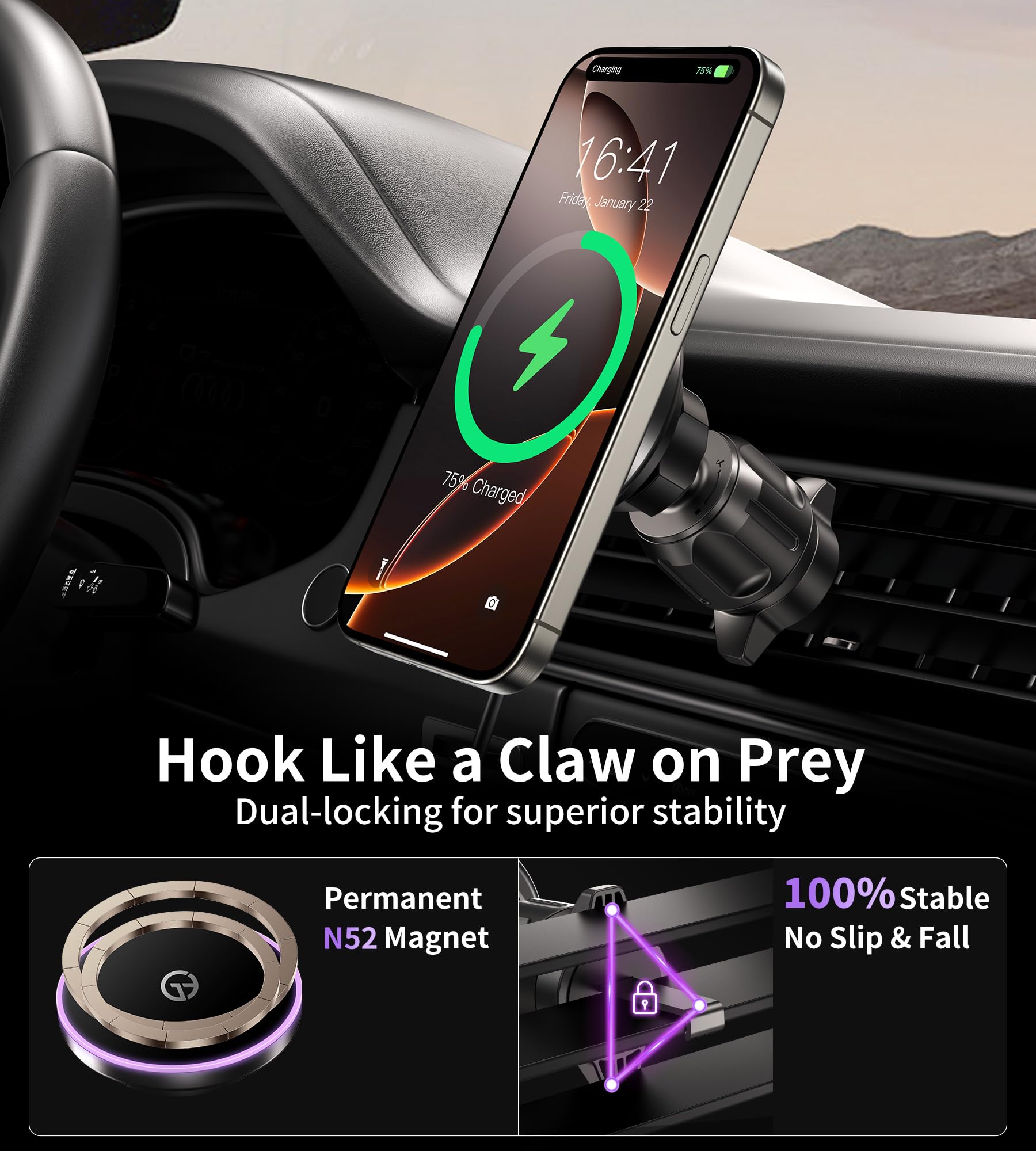 Gumosh For Magsafe Car Mount Charger Dash Vent Windshield Wireless Car Charger With Led Light, Strong Magnetic Phone Holder For Car For Iphone 16 15 14 13 12 Series, Fit Magsafe Accessories (Purple)