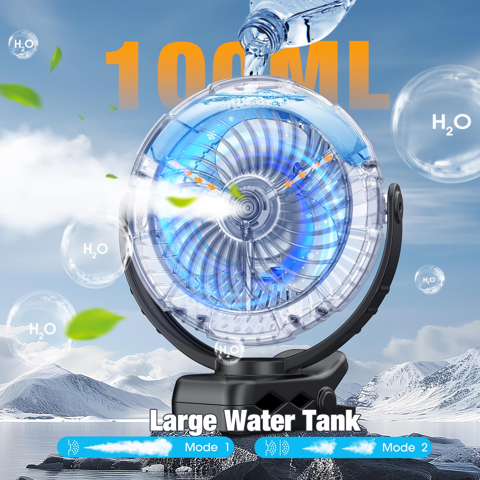 Portable Ausic misting fan with 100ml reservoir, LED light, and 5200mAh battery, perfect for outdoor and stroller use