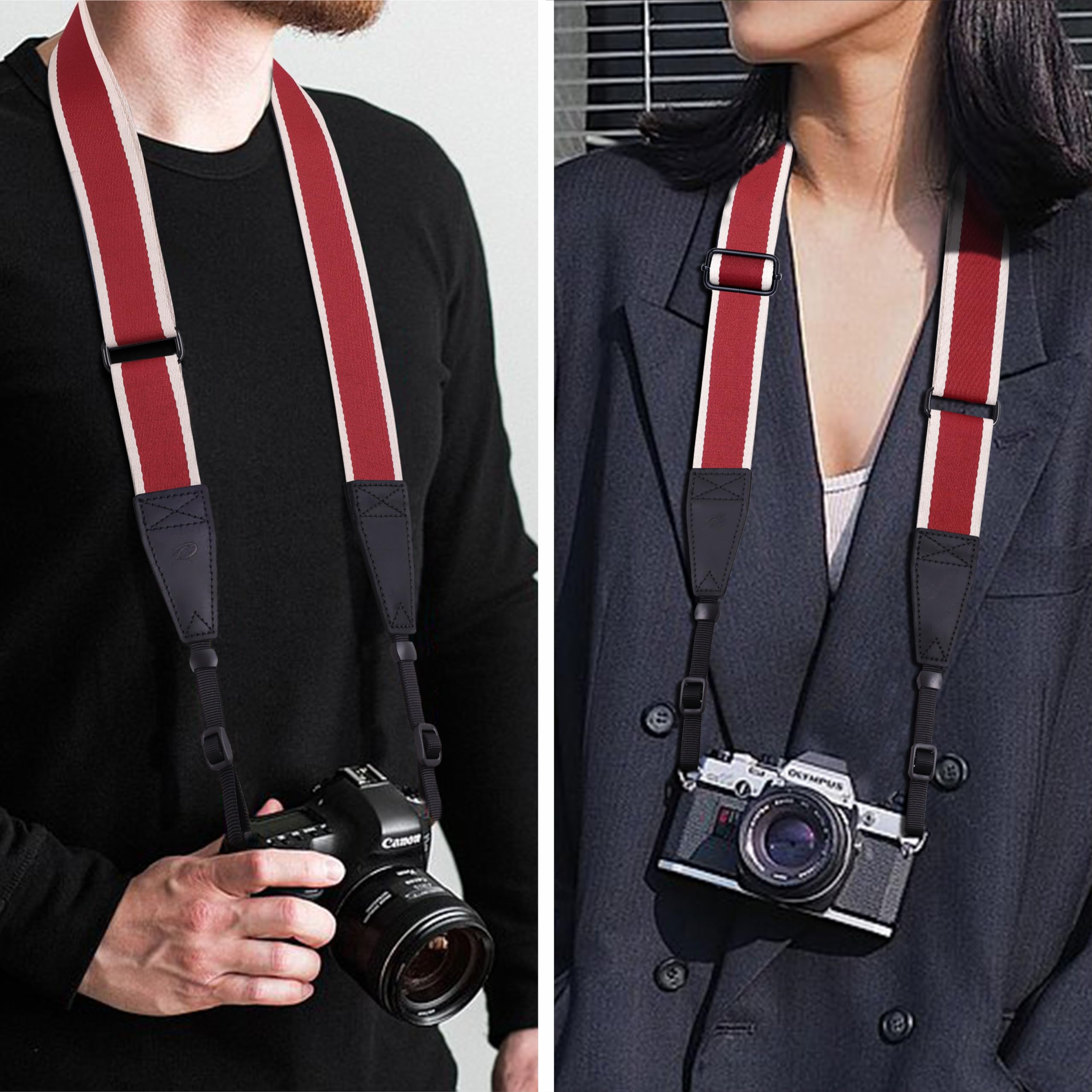 Padwa Lifestyle Adjustable Camera Strap - 1.5" Full Grain Leather Ends Camera Straps For Photographers, Adjustable Neck Shoulder & Crossbody Cotton Strap Quick Release For Cameras And Binoculars