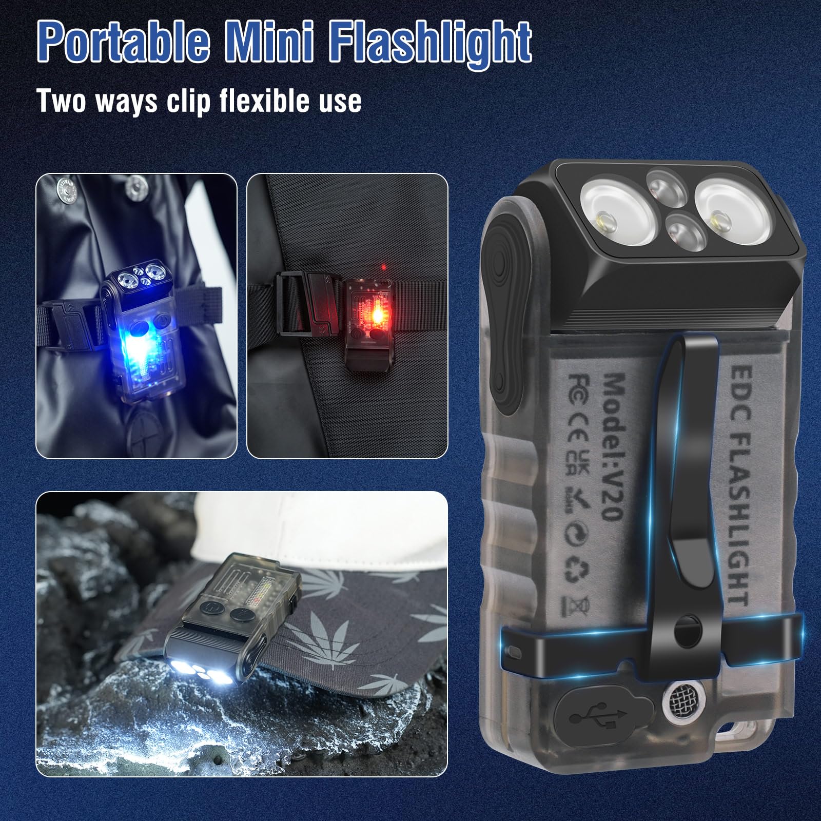 Ngokpyd V20 Mini Magnetic Clip Edc Flashlight 1000 Lumens Keychain Small Flashlight 180° Rotation With White Red Blue Green Light Beeping,Ip67 Waterproof 2000 Mah Battery Pocket Flashlights (Black)