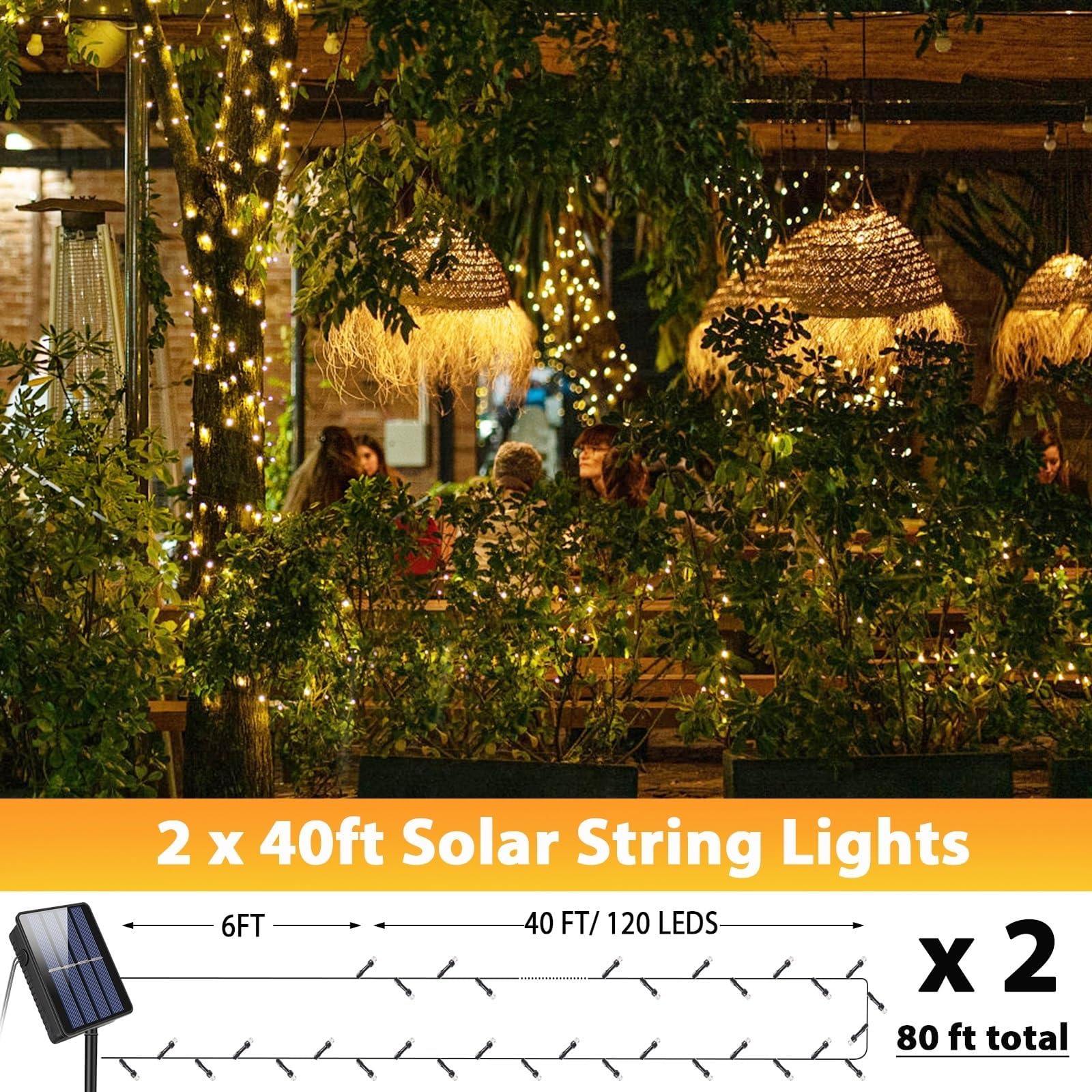 Mocalido 2 Pack Solar Christmas Lights For Outside, 240 Led 80Ft Total Outdoor String Lights Solar Powered, Waterproof Twinkle Light For Xmas Tree Yard Garden Decor, Warm White