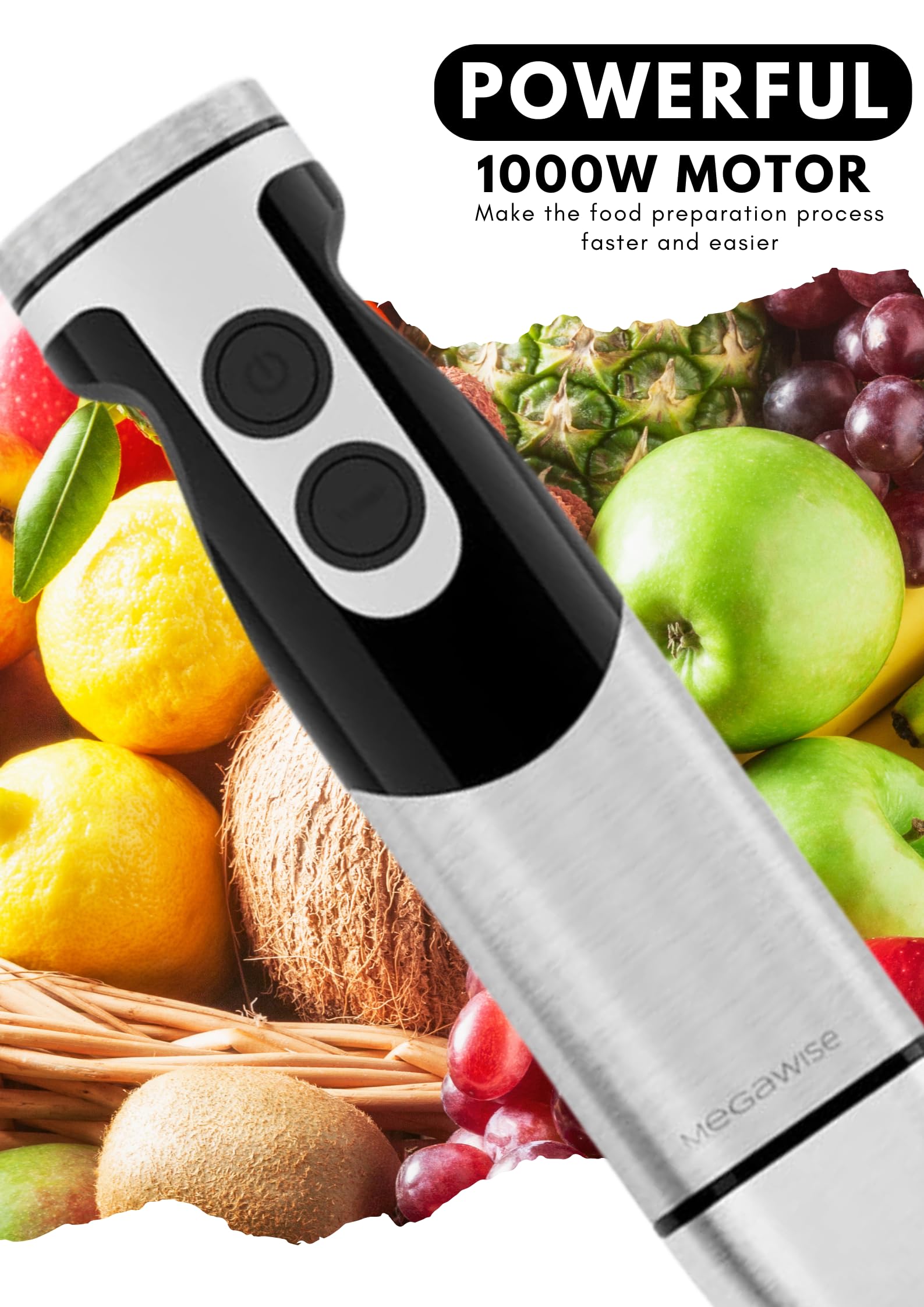 Megawise Stainless Steel Titanium Reinforced 3-In-1 Immersion Hand Blender, Powerful With 80% Sharper Blades, 12-Speed Corded Blender, Including Whisk And Milk Frother (3-In 1 Black)