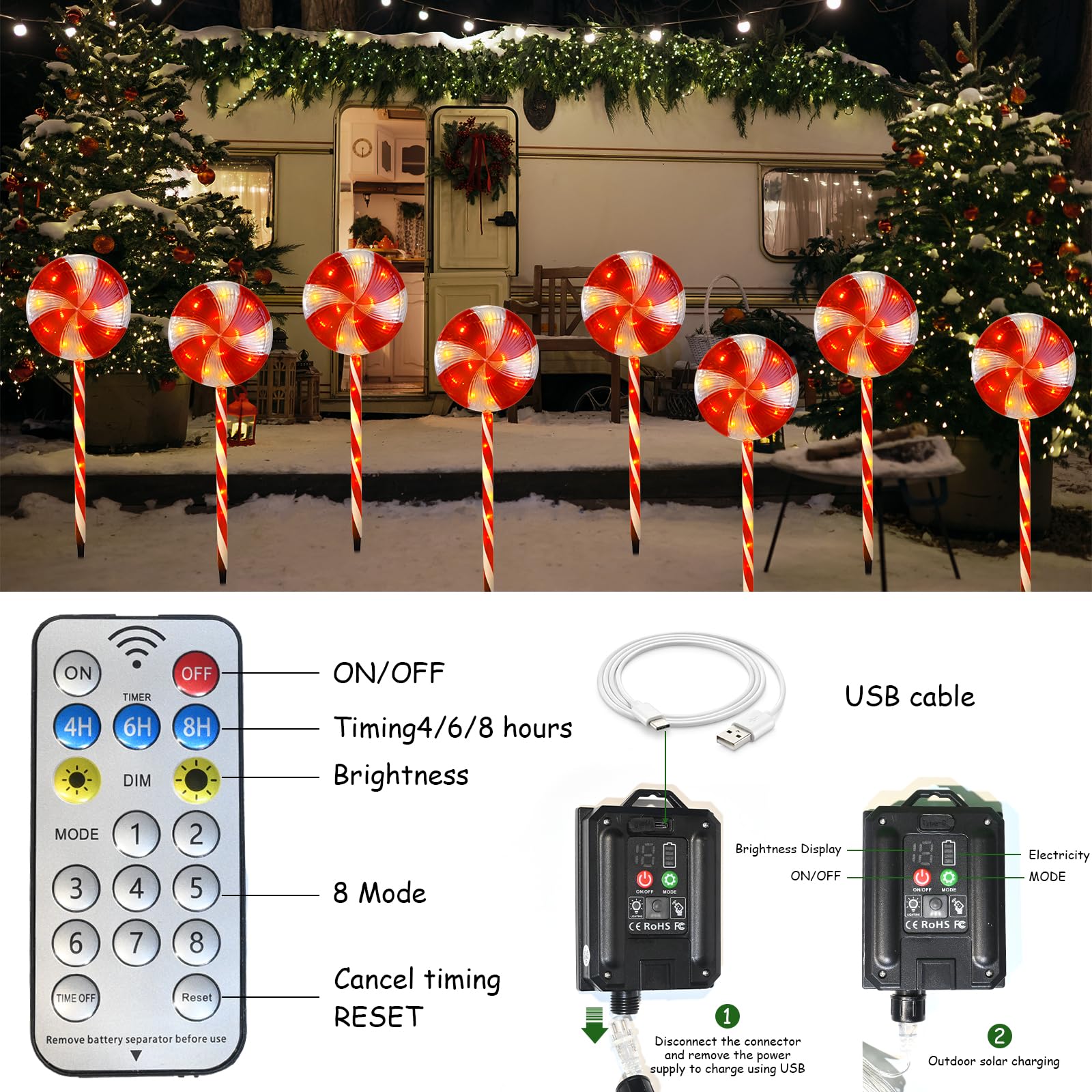 Lonfypeng Candy Christmas Decorations Pathway Outdoor Solar Lights, 29 Inches 80 Led Lollipop With 8 Modes Waterproof String, Outdoor For Yard Patio Walkway - 4Pcs