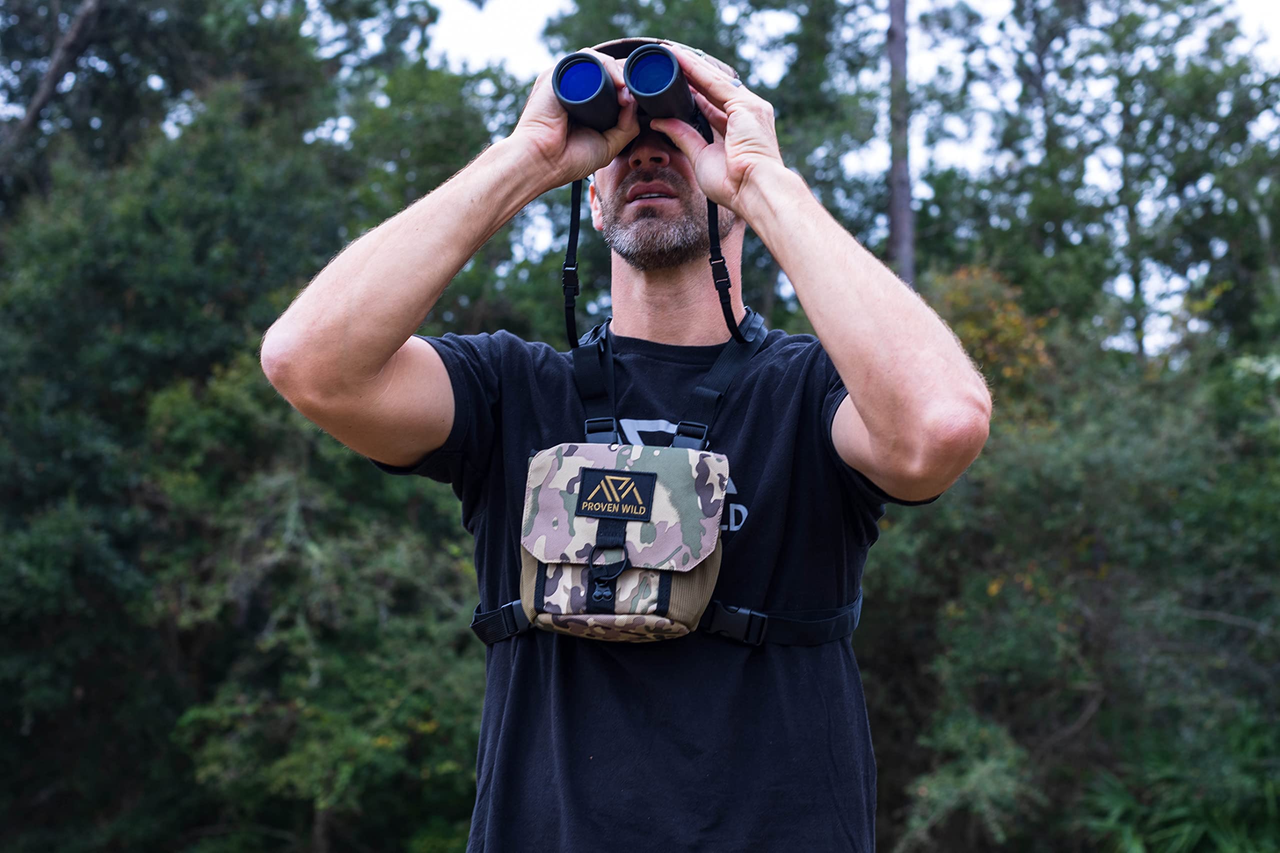Proven Wild Bino Harness Binocular Harness Chest Pack Made Of Waterproof 900D Nylon  Binocular Harness For Hunting Case With Adjustable Shoulder Straps, 2 Mesh Pockets, And Zipper Back Pocket