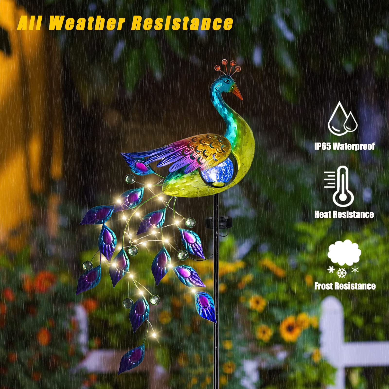 Dreamsoul Solar Garden Lights Outdoor, Metal Peacock Decor Solar Lights Garden Stakes With Led String Lights, Waterproof Crackle Glass Ball Landscape Path Light For Lawn Patio
