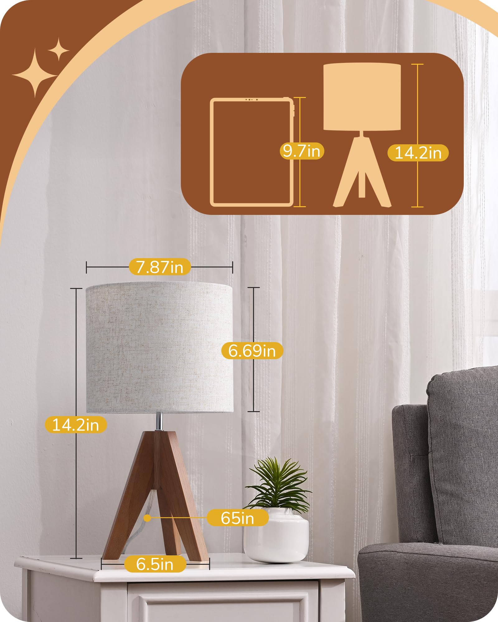 Edishine Small Table Lamp, Wooden Tripod Bedside Lamp With Linen Fabric Lampshade, 14.2" Nightstand Lamp For Bedroom, Living Room, Office, 2 Pack