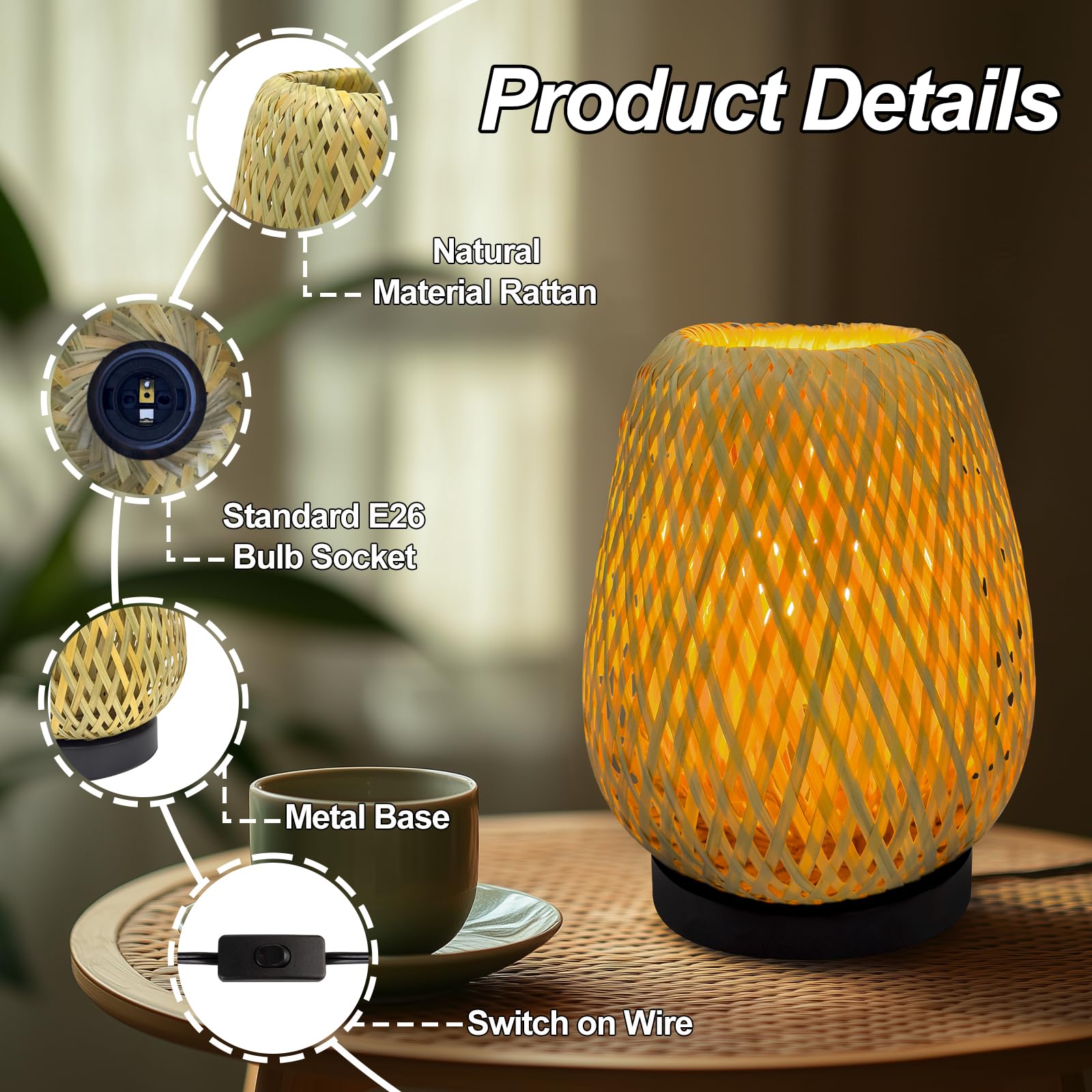 Jriceskiz Dimmable Rattan Table Lamp, Handmade Boho Woven Nightstand Lamp, Adjustable Warm Glow For Bedroom, Living Room, And Home Decor
