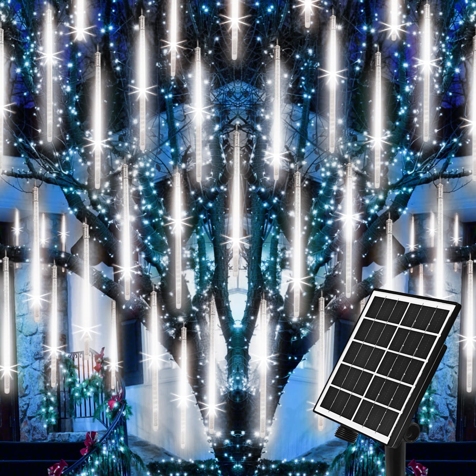 Pomelotree Meteor Shower Lights Outdoor Solar Meteor Light Falling Rain Lights 16 Tubes 16 Inch 576Led Cascading Snowfall Christmas Light For Holiday Wedding Year Party Yard House Roof Tree Mall Decoration
