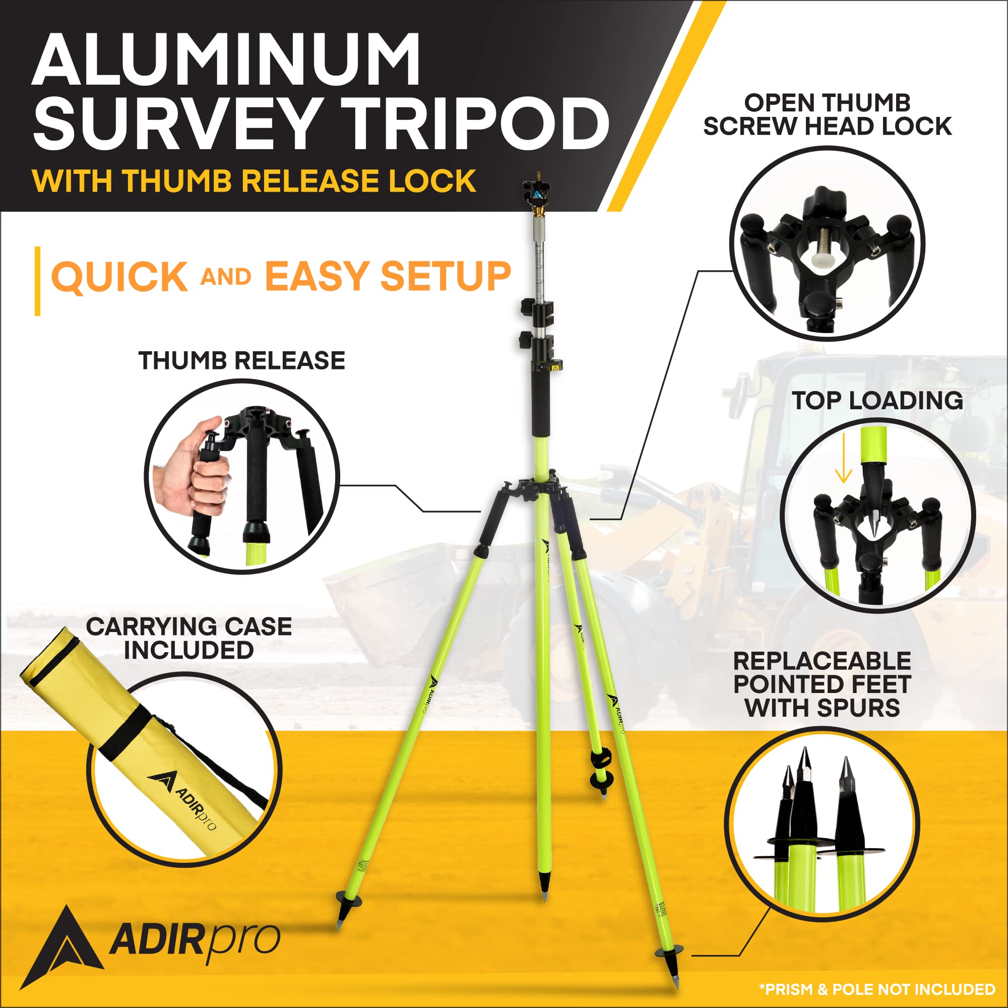 Adirpro Prism Pole Tripod – Aluminum Range Pole Tripod – Use For Survey Pole, Rover Rod, Gps Pole – Gnss Rtk Rod Stand - Survey Equipment For Total Station Surveying (Fluorescent Green)