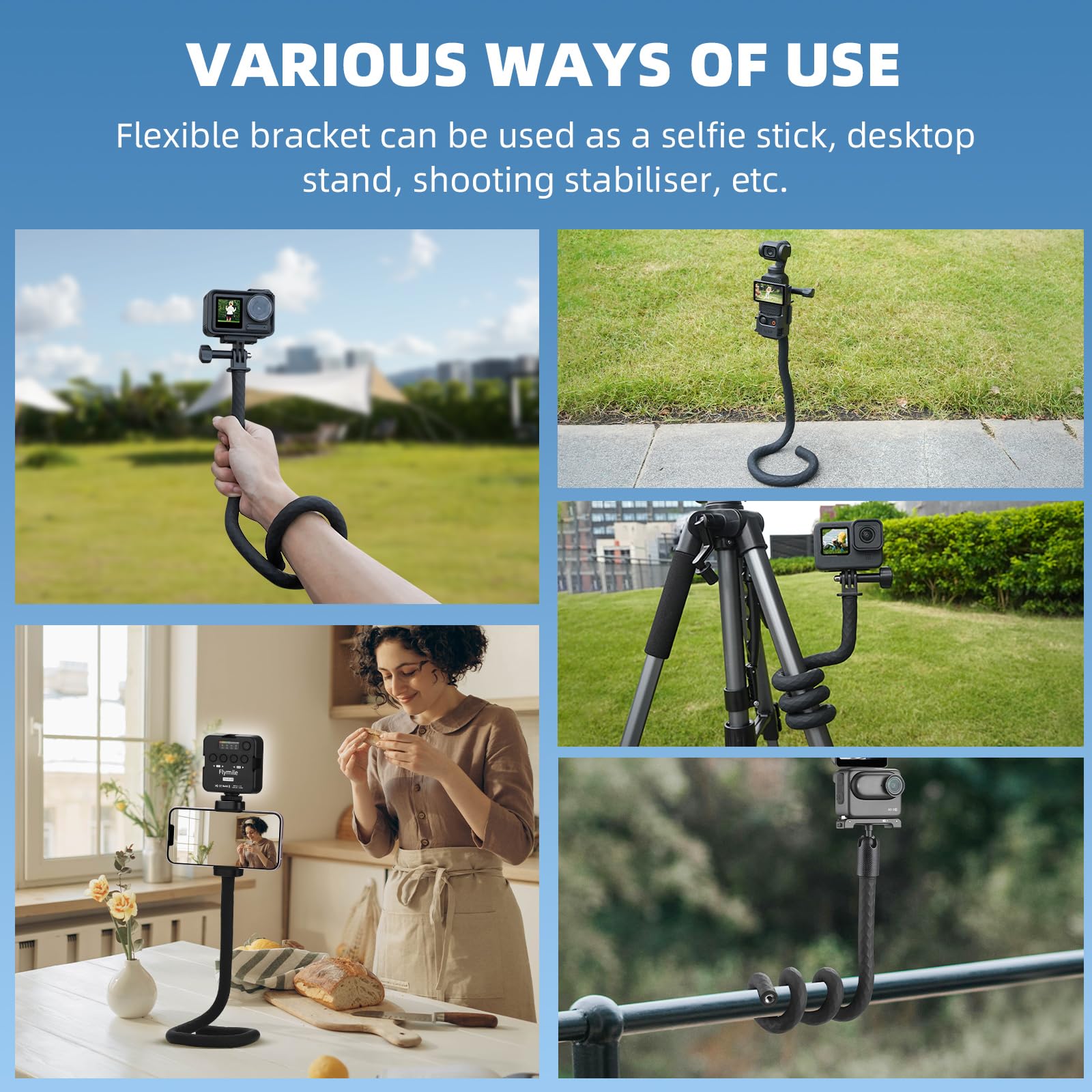 Brdrc Gooseneck Flexible Twist Camera Mount For Dji Action 5 Pro Insta 360 Go 3/3S, Phone Clamp Holder Tripod Stand Neck Holder Selfie Stick Pole For Gopro Hero 13/12/11/10/9/8 Golf Cart
