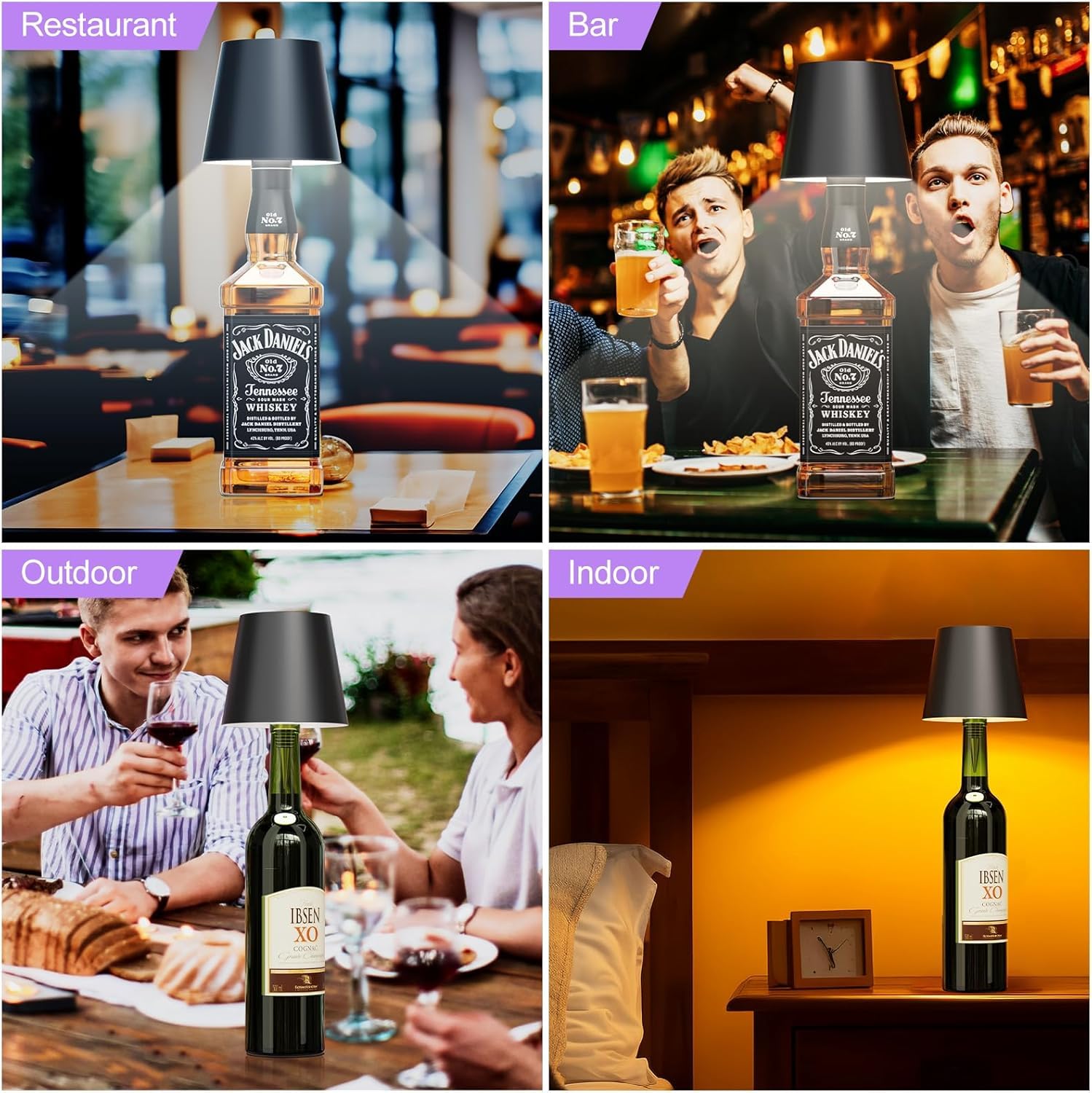 Tigilt Pridola Wireless Bottle Lamp Shade - Led Rechargeable 3 Color Stepless Dimming - Touch Liquor Bottle Lamp Kit - Outdoor Table Lamp - Bar Lamp - Wine Bottle Lamp(2Pcs-Black), Ryxz0213