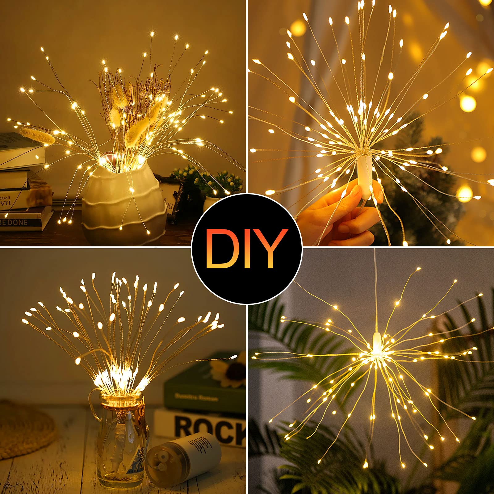 Admitrack 4 Pack String Lights - 225 Led 8 Modes Dimmable With Remote Control, Waterproof Copper Wire Decorative Hanging Bursting Star Lights For Party, Patio, Garden Decoration (Warm White)
