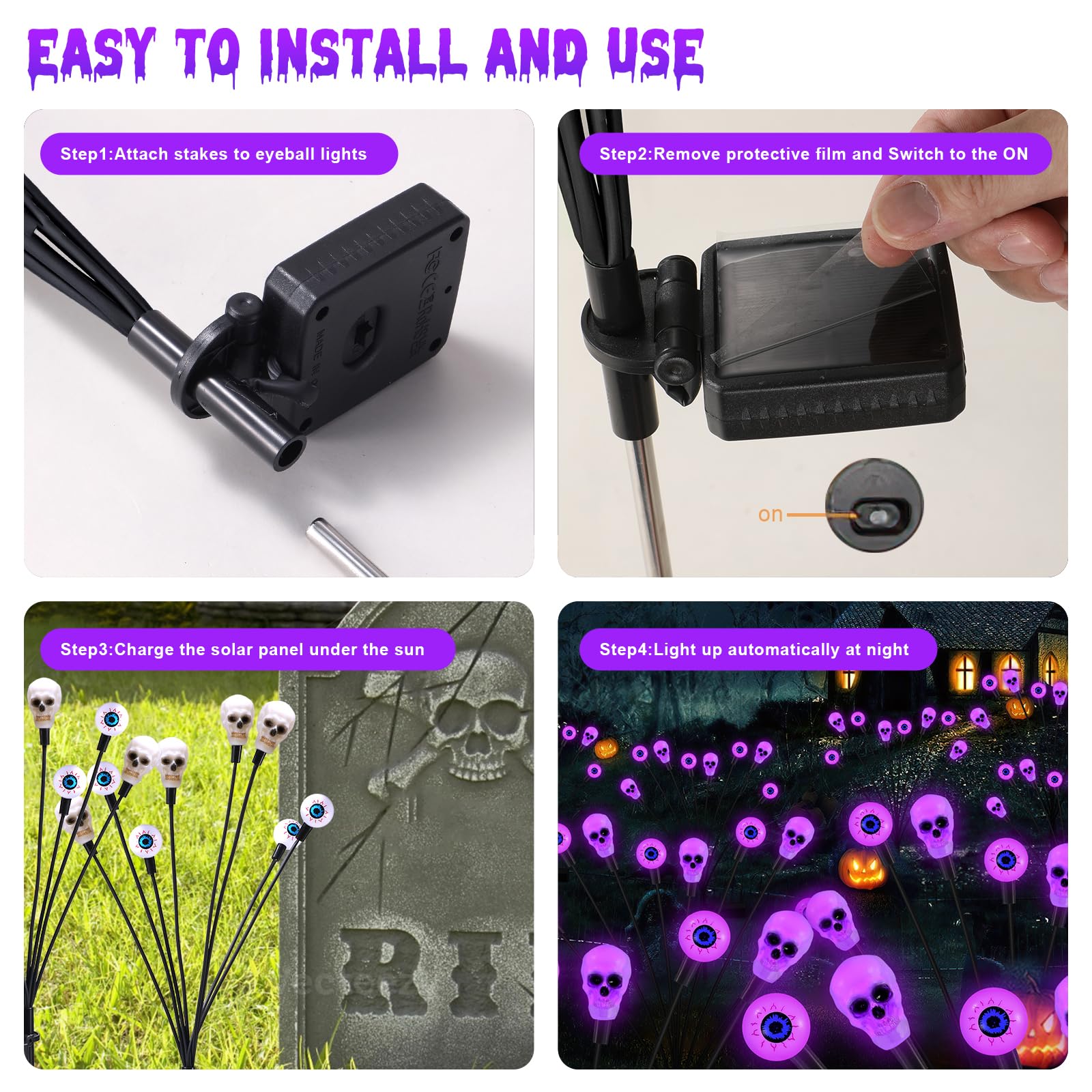 Fensan Solar Halloween Lights Outdoor, Scary Eyeball Lights, 4Pack 32Led, Ip65 Waterproof, Decor For Garden/Yard/Patio/Lawn/Pathway (Purple)
