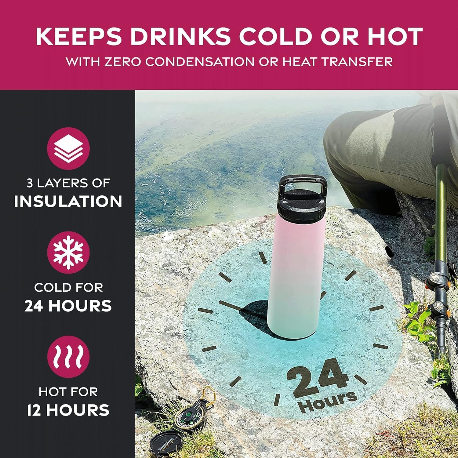 25 Oz Triple Walled, Insulated Water Bottles With Straw - Stainless Steel Metal Bottle W/ 3 Leak