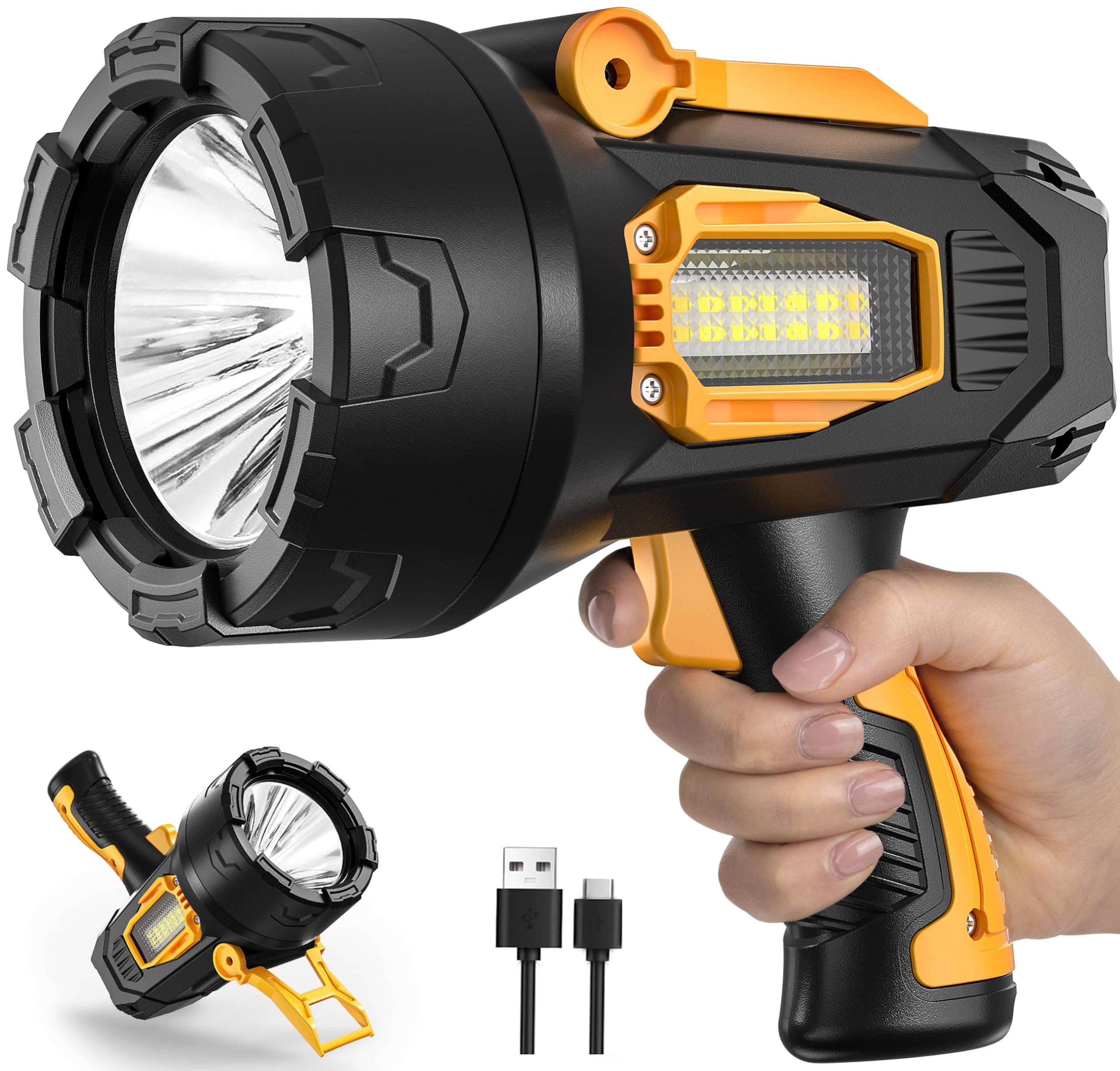 Mixilin Rechargeable Spotlight 1000,000 Lumens, Super Bright Led Spotlight Flashlight Outdoor With Cob Light & Foldable Tripod, 10000Mah Long Lasting Large Handheld Spot Light For Boating Camping