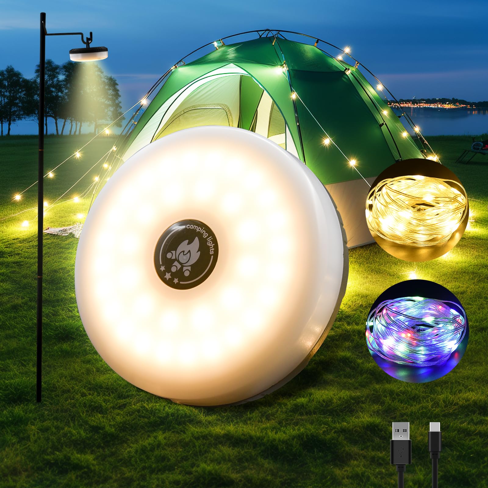 Totoppioneer Camping String Lights,3-In-1 Quick Storage 32.8Ft Rechargeable Tent Lights,8 Modes Outdoor String Lights Waterproof,Portable Retractable Camping Lantern For Hiking Awning Garden Party Festival Decor
