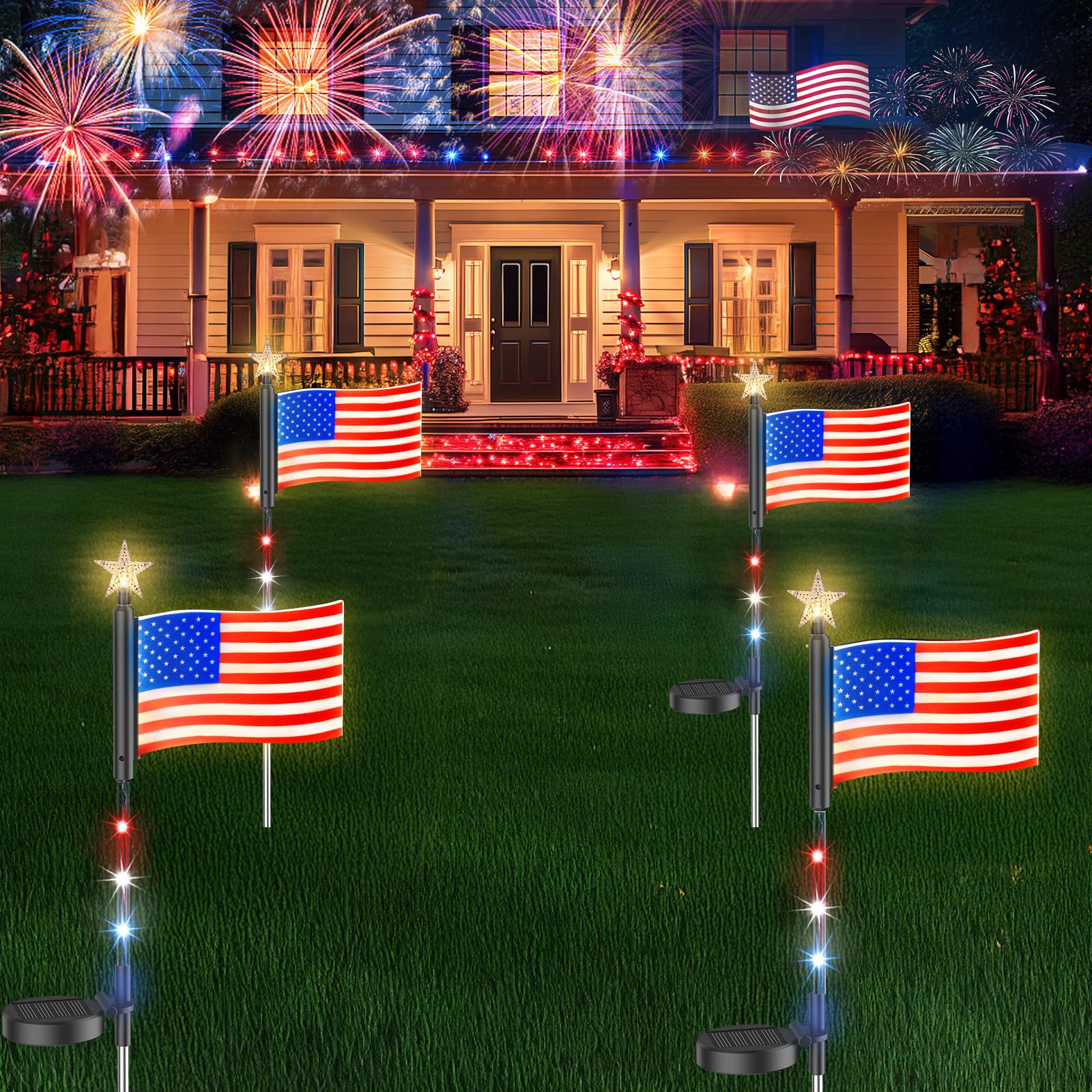 E-Kong 4 Pack Led American Flags Solar Lights, Glowing Acrylic Solar American Flags Outdoor Waterproof, Red White Blue Lights With 12 Led, Long Lasting American Flags Solar Lights For Outside