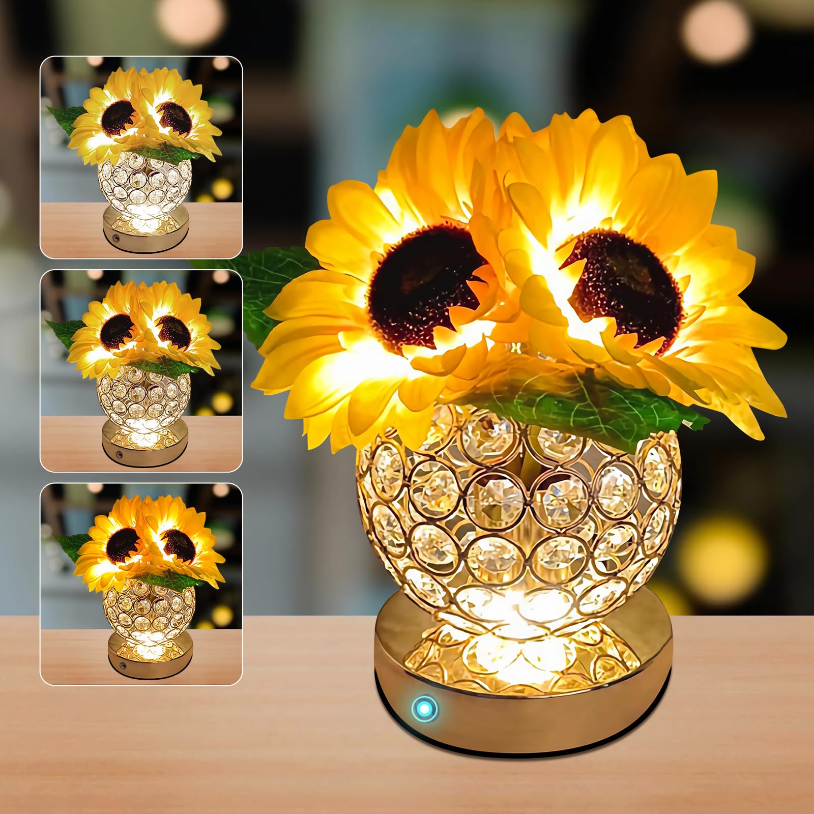 Lhydaooq Sunflowers Flower Lamp, Rechargeable Cordless Small Table Lamp 3 Colors Dimmable Touch Lamp Flower Table Lamp For Bedroom Living Room Decor Sunflower For Women Birthday Christmas Day (Crystal)