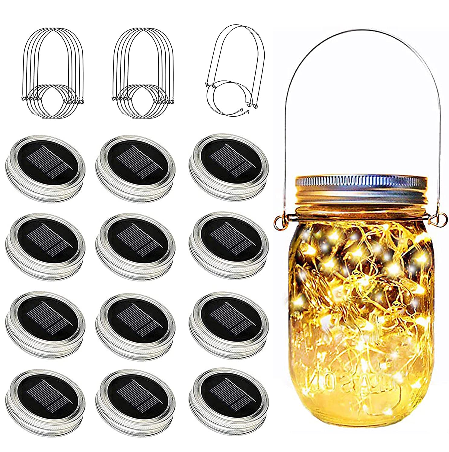 Yeuago Solar Mason Jar Lid Lights 12 Pack 30 Led Firefly Fairy String Lights, Waterproof Outdoor Solar Lights With Hangers For Regular Mouth Jars (No Jars Included)