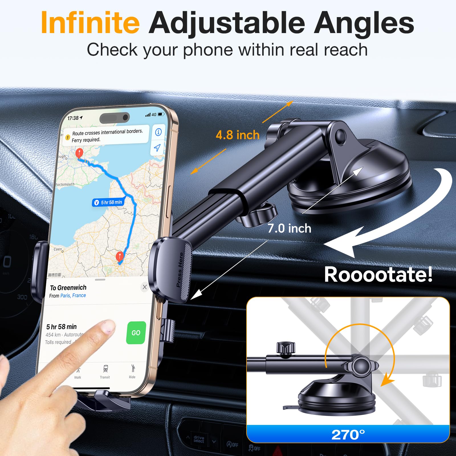 Romuto Phone Holders For Your Car【 Strongest Suction】Car Phone Holder Mount Dash【360° Adjustable】Suction Cup Phone Mount For Truck Stand Cell Phone Holder For Car Mount Fit All Iphone Car Accessories