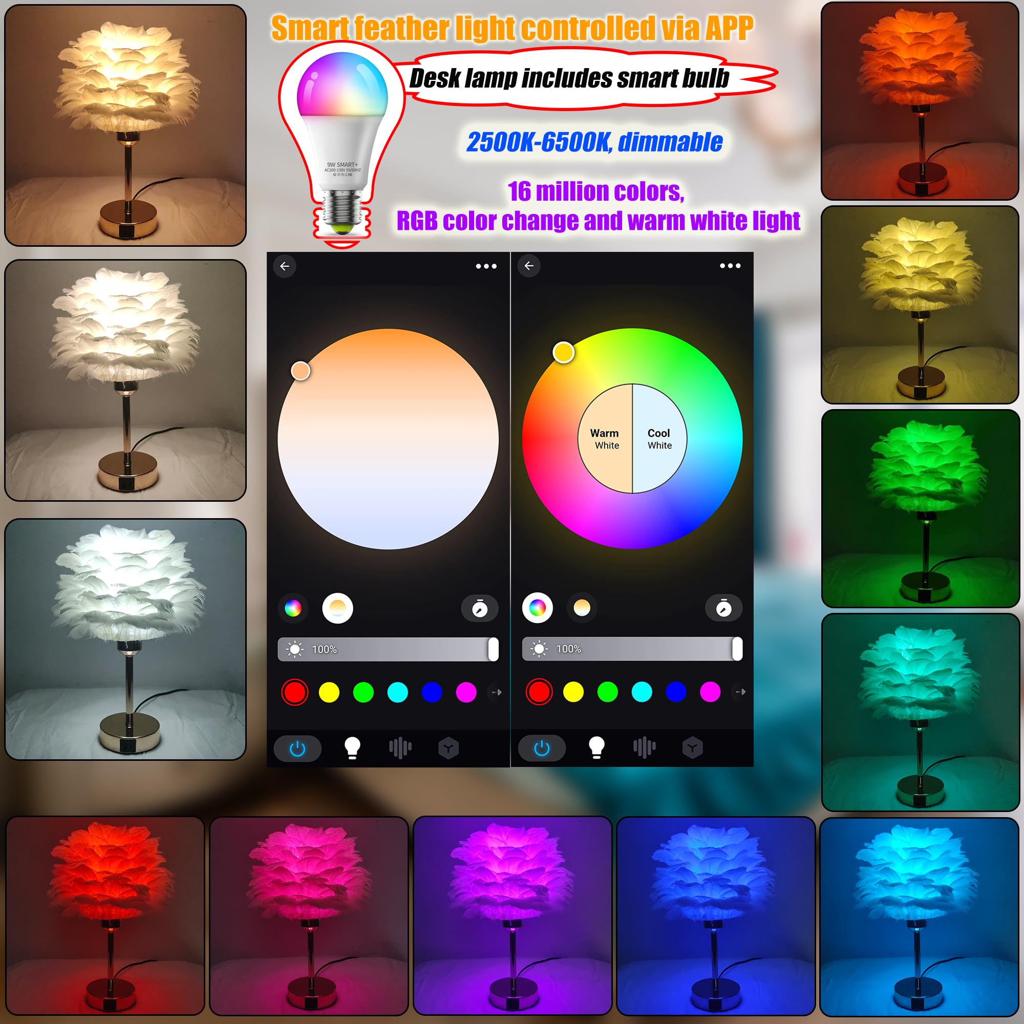 Kyfgdla Touch Bedside Table Lamp With Stylish White Feather Lamp Shade And E26 Smart Light Bulbs, Usb C+A Ports, Rgb+Cct, Compatible With Alexa Google Assistant, 9W,800Lm, For Her/Girls Room, Rose Gold