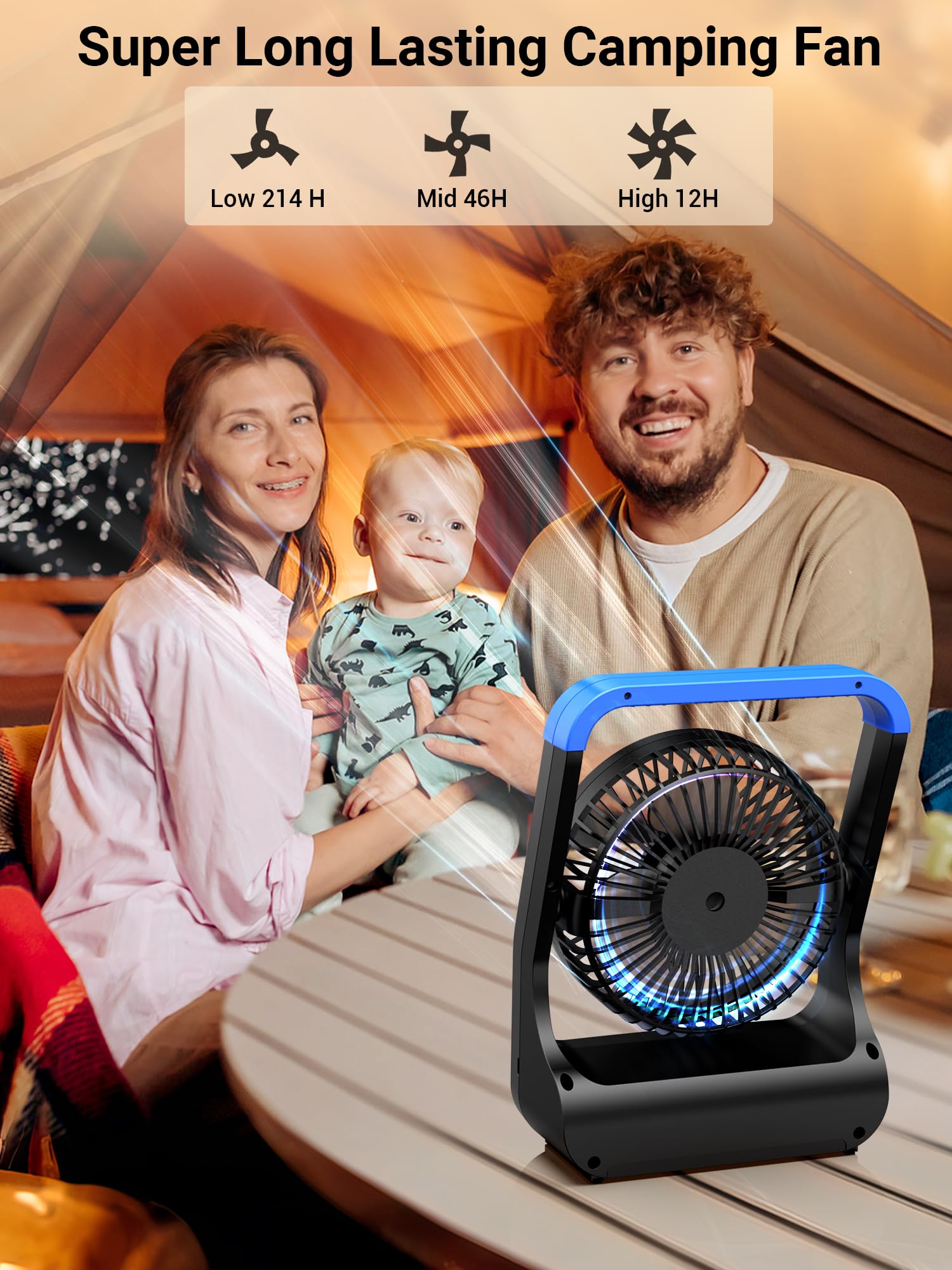 Portable battery-operated fan with D-cell power, offering long-lasting cooling for outdoor and camping use