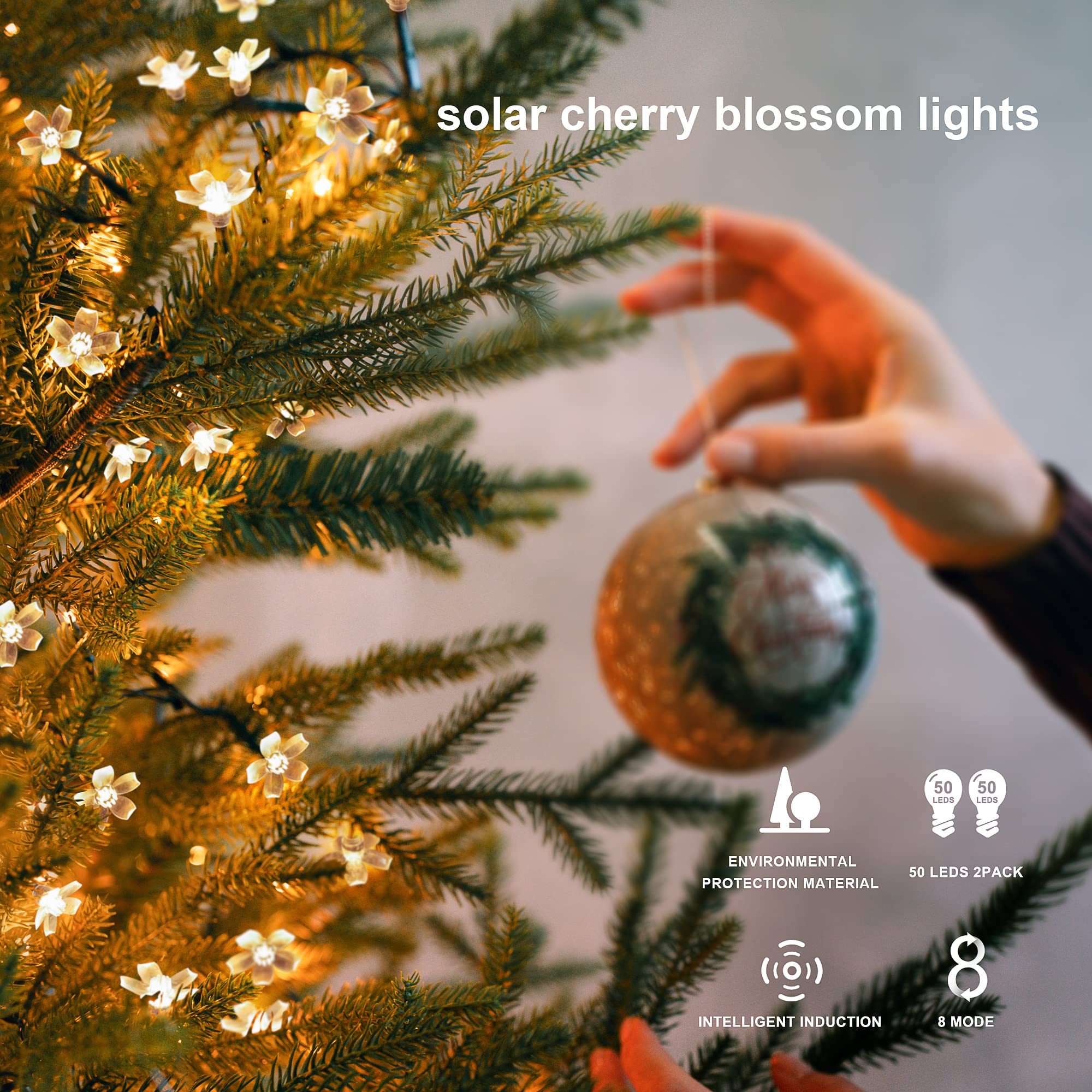 Heyfuni 2 Pack Flower Solar String Lights, 50 Led 21Ft Solar Fairy Lights Outdoor Waterproof，8 Modes Warm White Cherry Blossom Lights For Tree Patio Indoor Garden Room Holiday Decoration