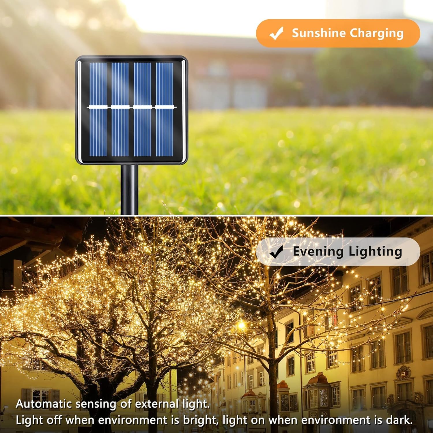 Voolex 4-Pack Solar Christmas String Lights Outdoor -100Led 33Ft Solar Powered Led String Light Waterproof With 8 Modes, Solar Powered Lights For Garden, Fence, Party, Tree Decorations Warm White
