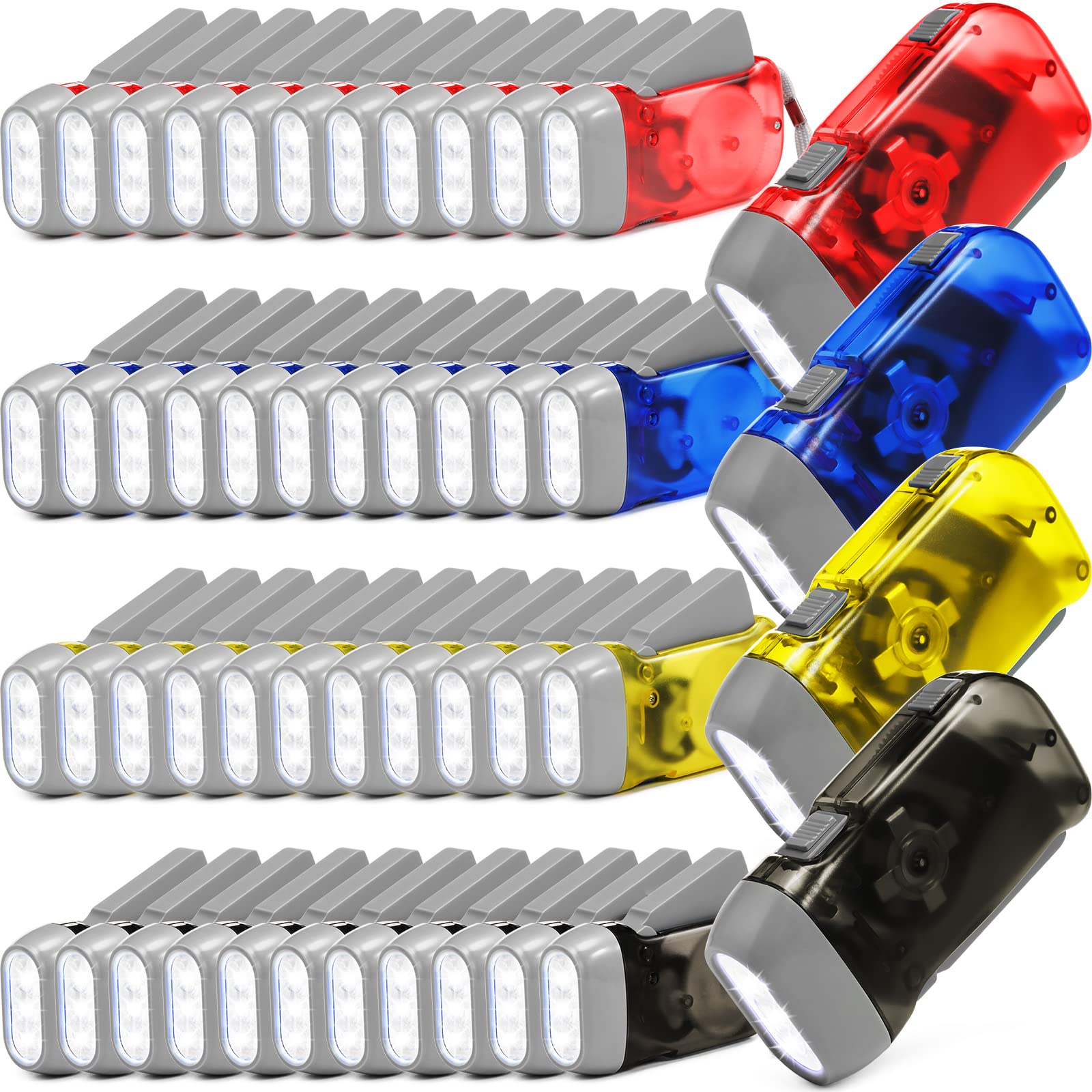 Leelosp 48 Pcs Hand Crank Flashlight No Battery Required Cranked Flashlight Manual Press Flash Light 3 Led Squeeze Light For Camping Hiking Power Outage (Red Blue Yellow Gray)