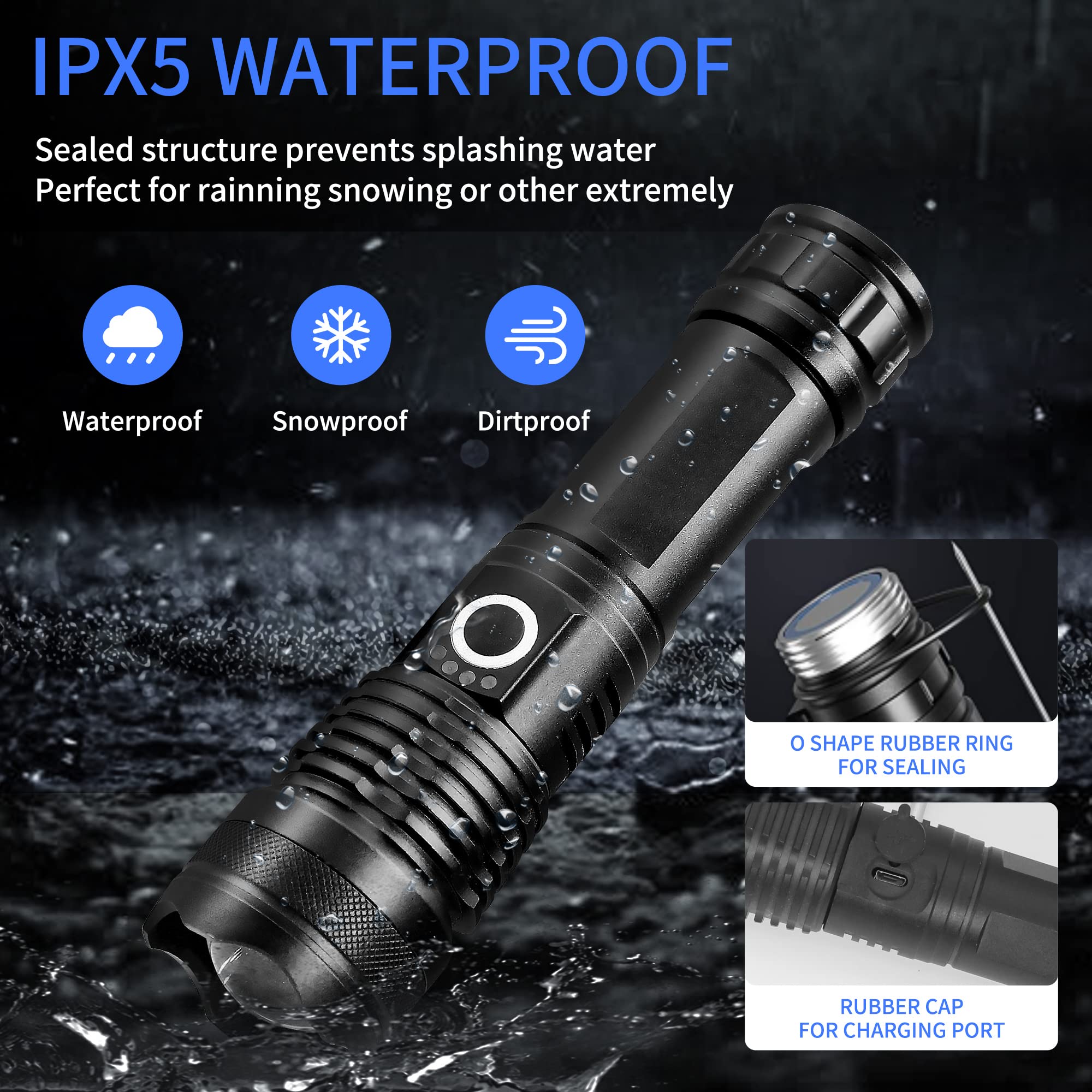 Kwznob Rechargeable Led Flashlights 10000 High Lumens, Super Bright Utility Flashlight With 5 Modes, Powerful Zoomable Flash Light, Waterproof Handheld Flashlight For Hiking Emergencies