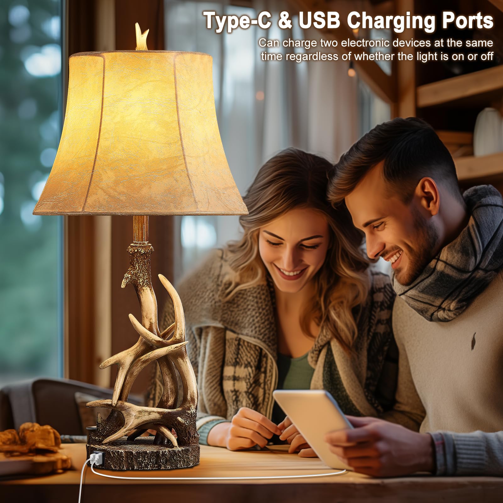 Huitico 27.25'' Rustic Antler Table Lamps For Living Room With Usb A + C Charging Ports Western Cabin Bedside Lamps For Bedroom Nightstand Lamps With Faux Leather Lampshade, Single, Bulb Not Included