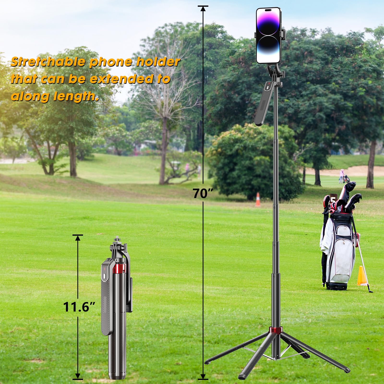 Fuiczsn 70" Phone Tripod & Selfie Stick For Golf Swing, Extendable Cell Phone Tripod Stand With Ground Stakes, Wireless Remote And Phone Holder, Golf Training Aid -Compatible With Iphone Android Phone, Camera