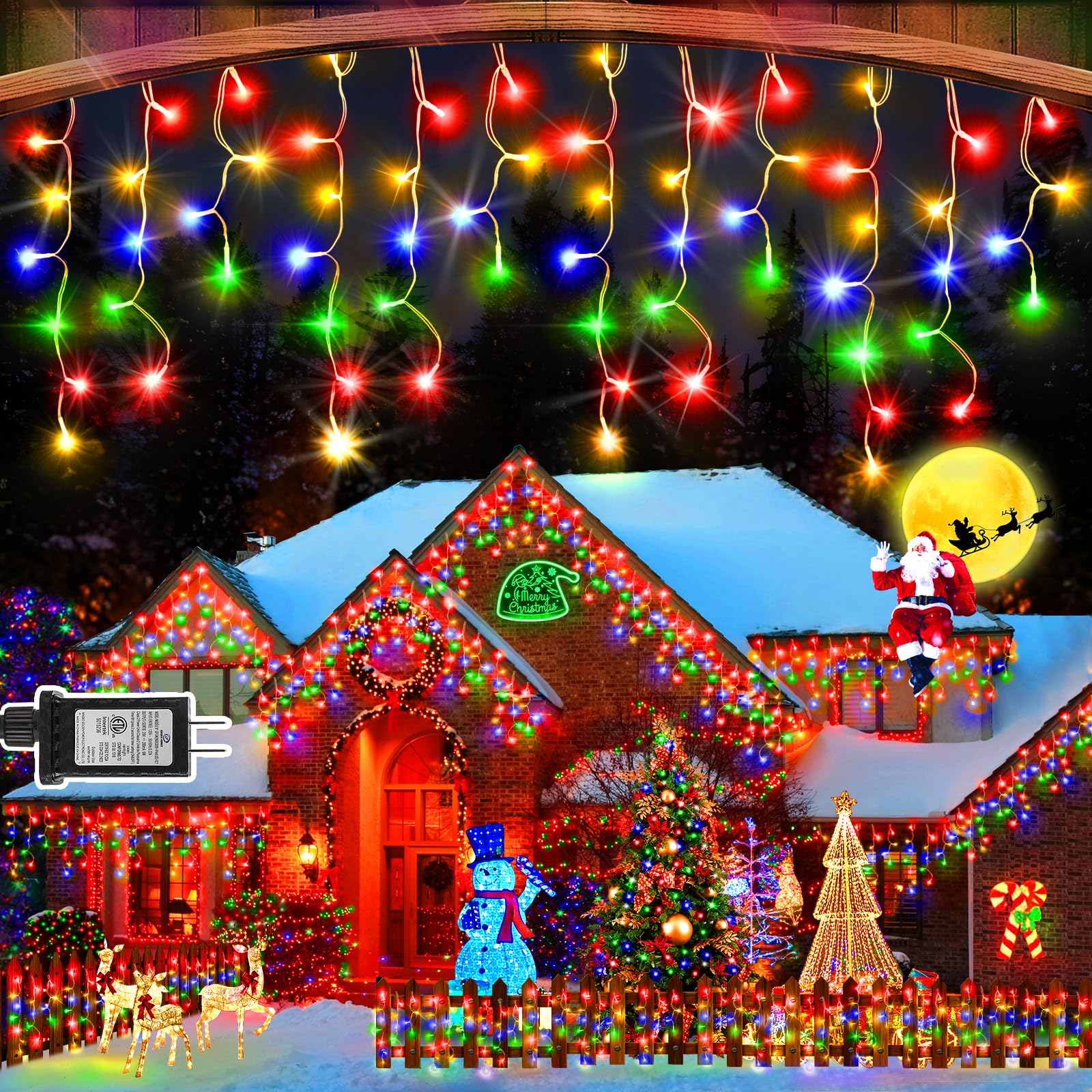 Sauirs 33Ft 320 Led Christmas Lights Outdoor Decorations With 60 Drops Timer 8Mode Curtaing String Lights Waterproof Fairy Lights For Indoor,Xmas,Party,Patio,Window,Fence,Trees Decor(Multicolor)
