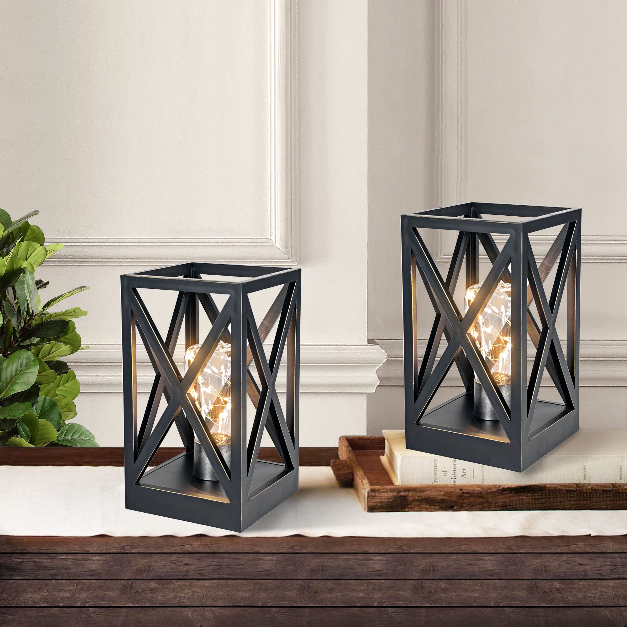 Wingbo 2 Pack Retro Battery Powered Table Lamps, Battery Operated Cordless Lamp Set, Portable Nightlight Decorative Light For Living Room Dining Room Bedroom Entryway Patio Backyard, Black Finish