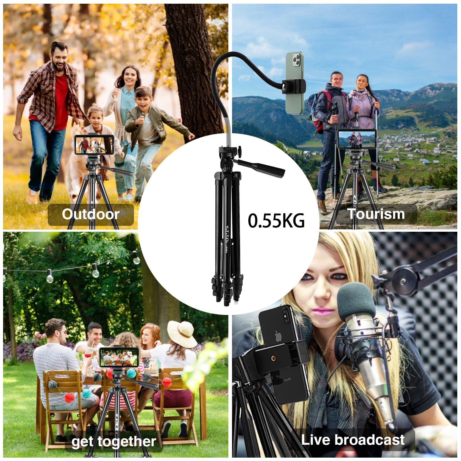 Yotetion 60" Aluminum Phone & Camera Tripod With Gooseneck Stand, Extendable Cell Phone Tripod Stand Compatible With Iphone/Android/Action Camera Is Perfect For Live Streaming/Video Recording/Selfies