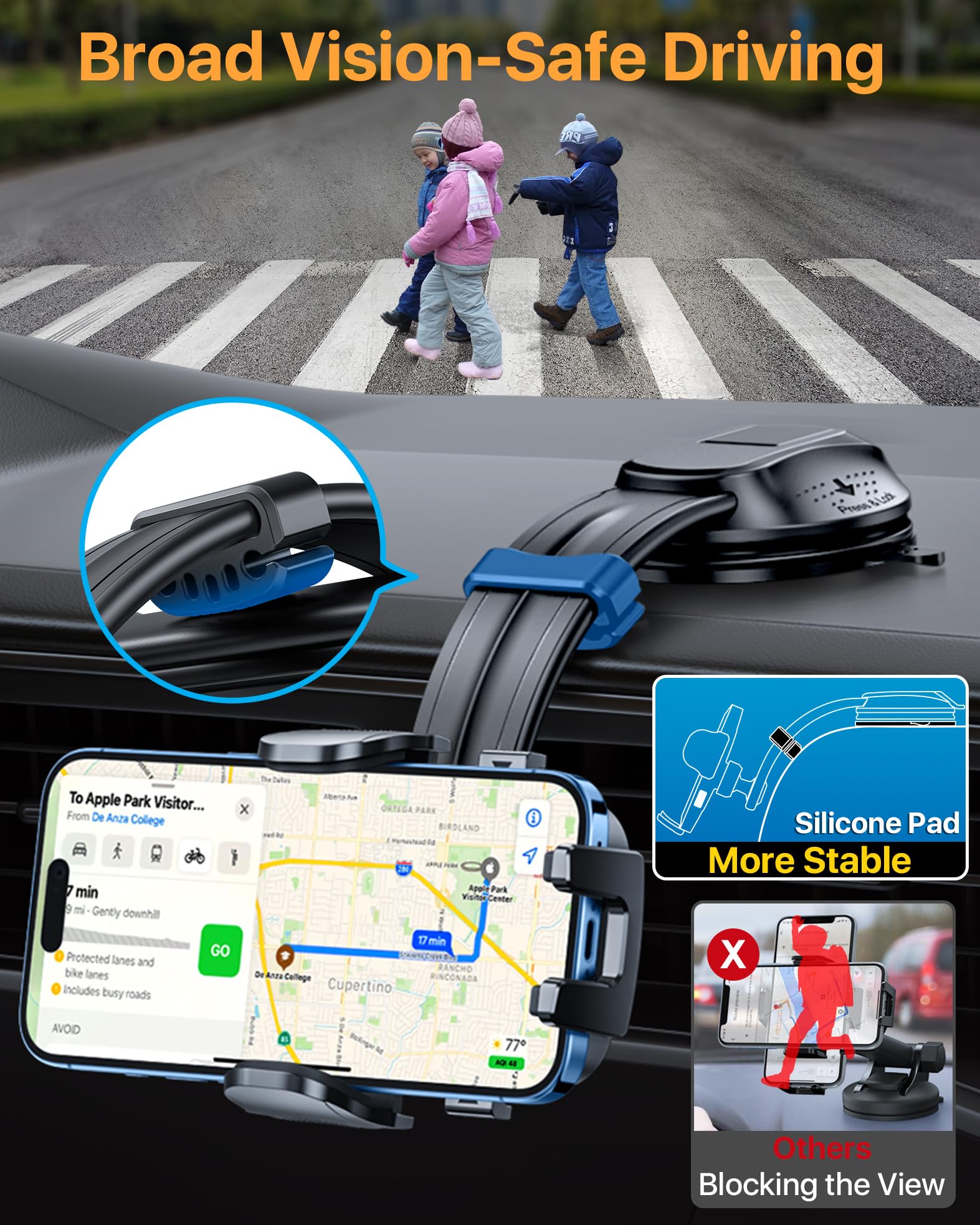 Htu  Strongest Suction Car Phone Holder Bendable Arm, Never Block View Rotatable Cellphone Mount For Dashboard Windshield Vent, Cradle Stand For Iphone 16 15 14 13 12 Pro Max (Black)
