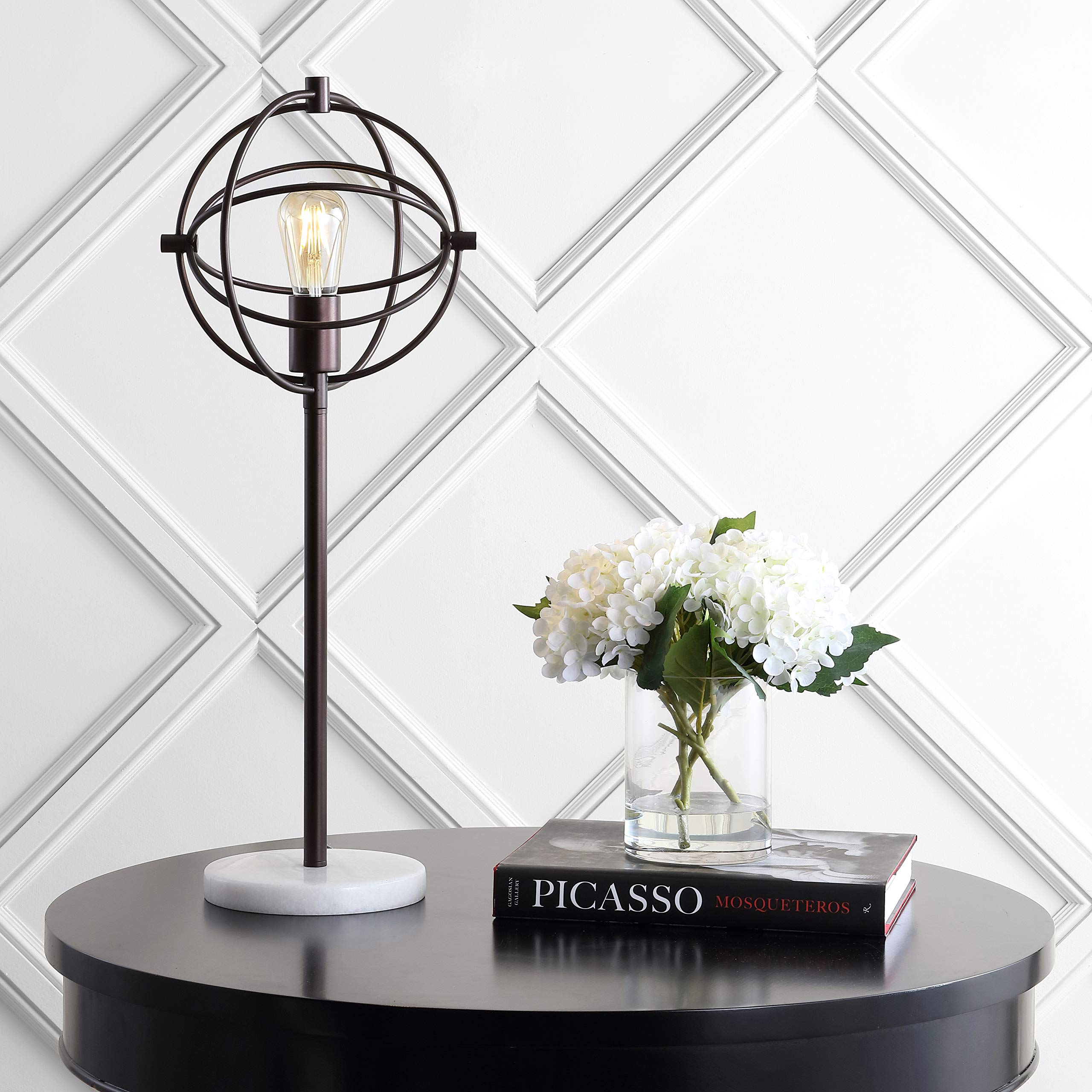 Jonathan Y Jyl1091A Atomic Caged 26.5" Edison Bulb Metal/Marble Modern Led Table Lamp Rustic Industrial Bedside Desk Nightstand Lamp For Bedroom Living Room Office College, Oil Rubbed Bronze/White