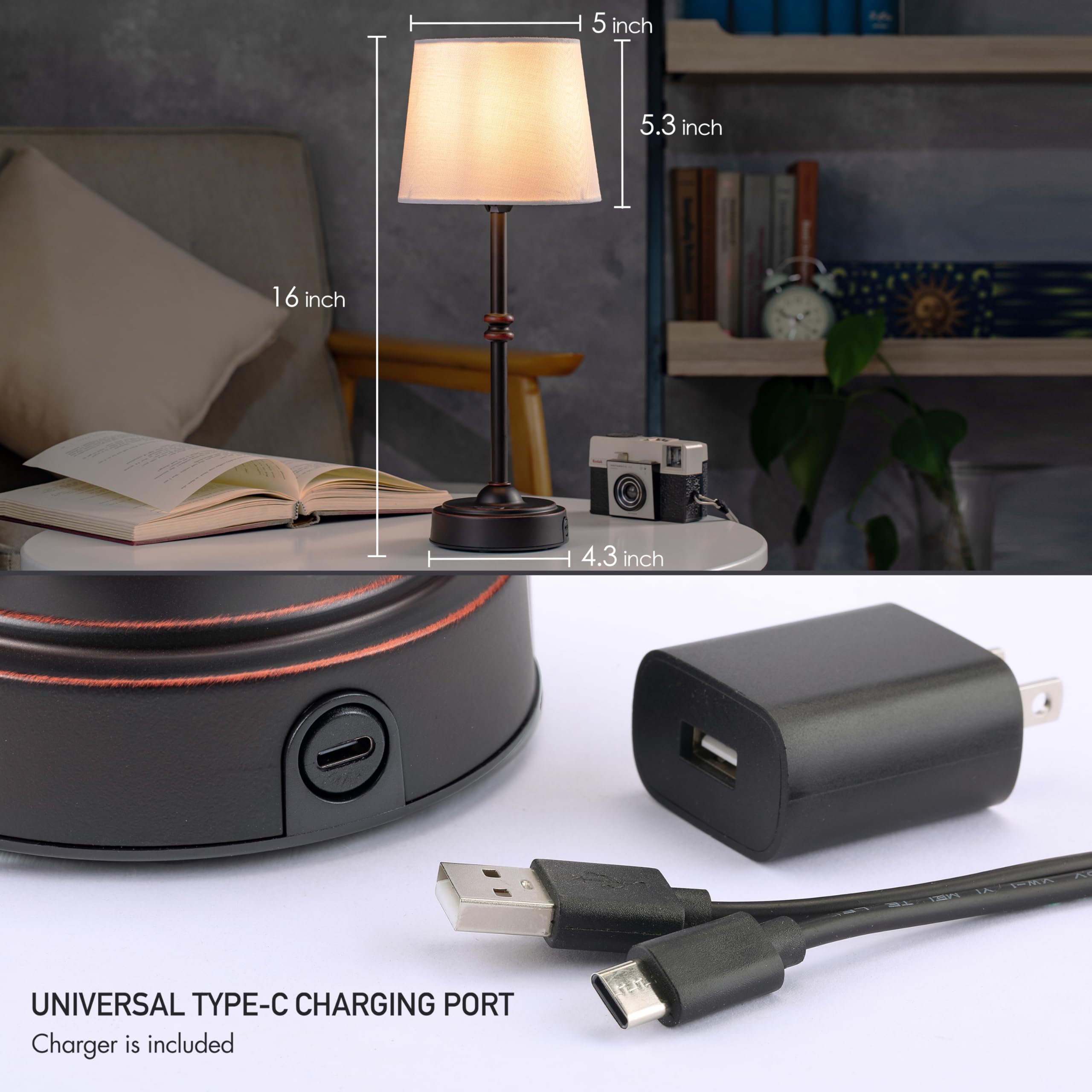 O'Bright O’Bright Seraph - Cordless Led Table Lamp With Dimmer, Built-In Rechargeable Battery, 3-Level Brightness, Patio Table Lamp, Bedside Night Lamp, Ambient Light For Restaurant, Oil Rubbed Bronze