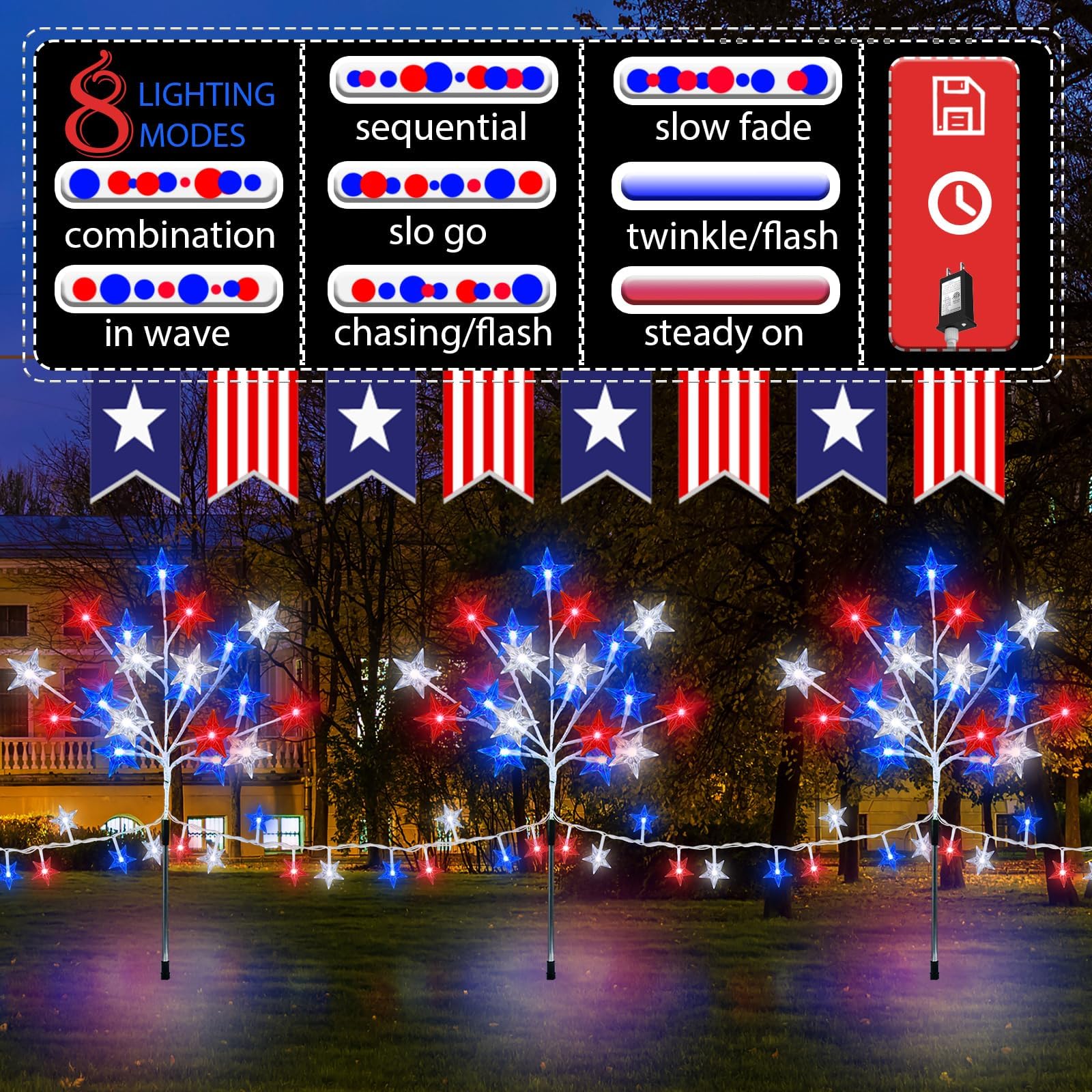 Kenburg 4Th Of July Decorations, 4 Packs Red White And Blue Stars Pathway Lights, 8 Modes Stake Light Patriotic Decor Outdoor Lights For Memorial Day Independence Day Yard Grave Garden Lawn