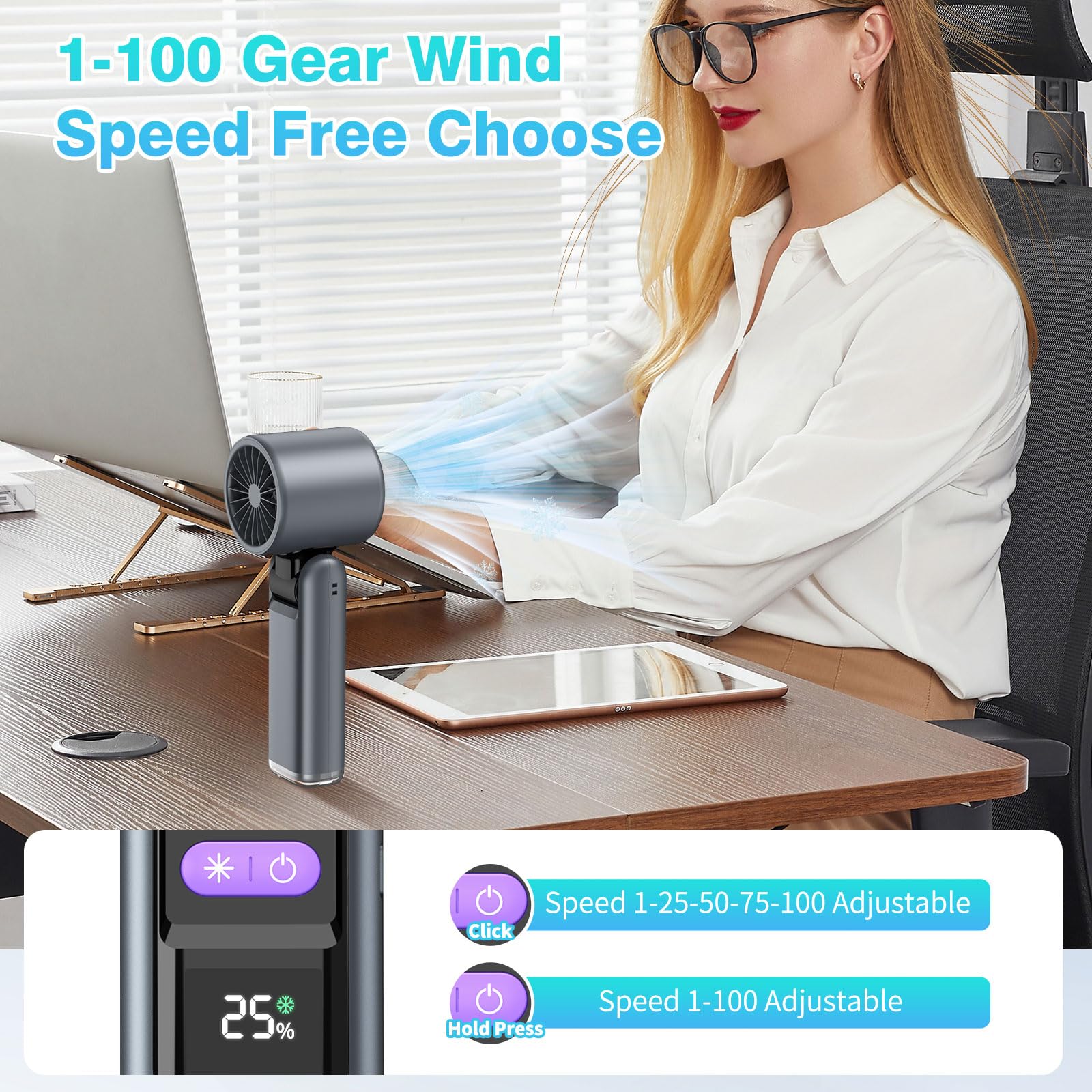 Portable Handheld Fan, 4000Mah Powerful Mini Fan With Light, 13H Max Ice Cooling Time Stepless Speed