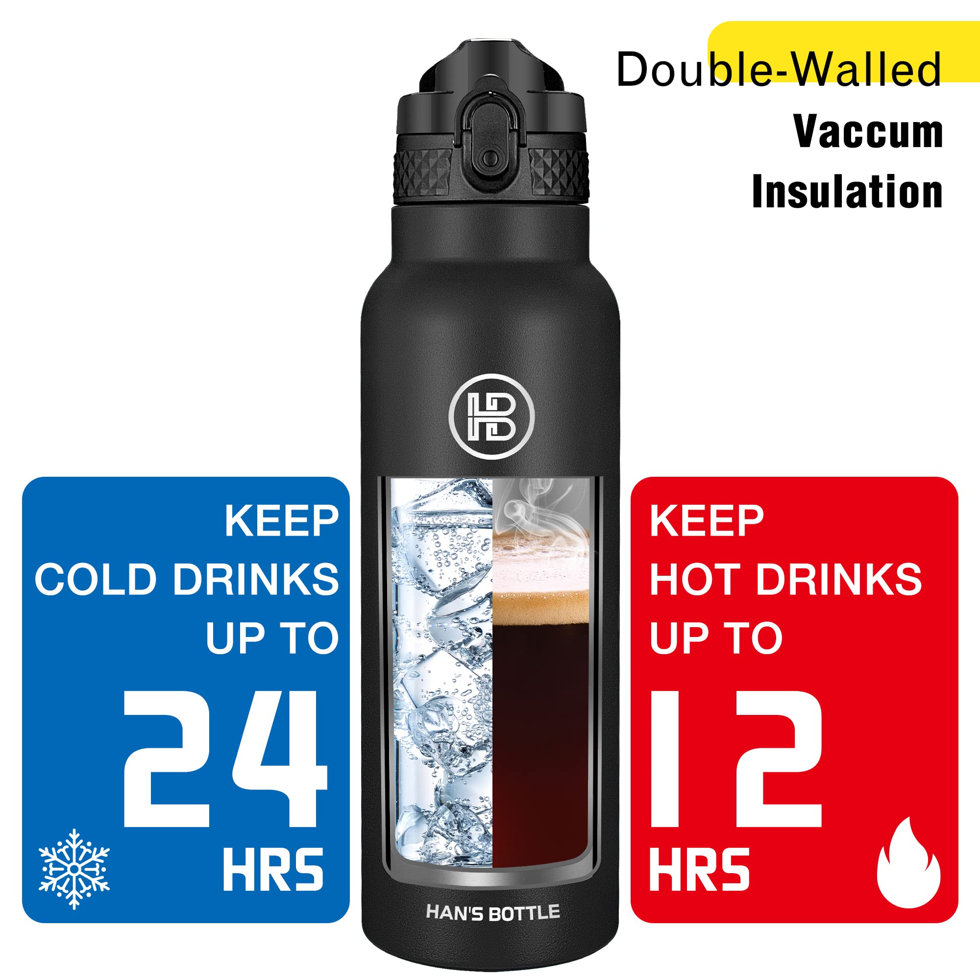Han'S Bottle Sports Water Bottle - 24 Oz, Straw Lid, Leak Proof, Vacuum Insulated Stainless Steel