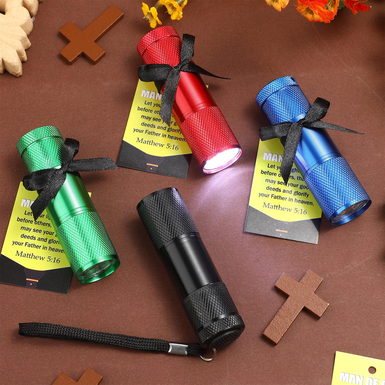 Vihose 50 Sets Father Church  Mini Flashlights Bulk Bright Aluminum 9 Led Handheld Flash Light With Christian Bible Verse Cards For Thank You , Not Include Batteries
