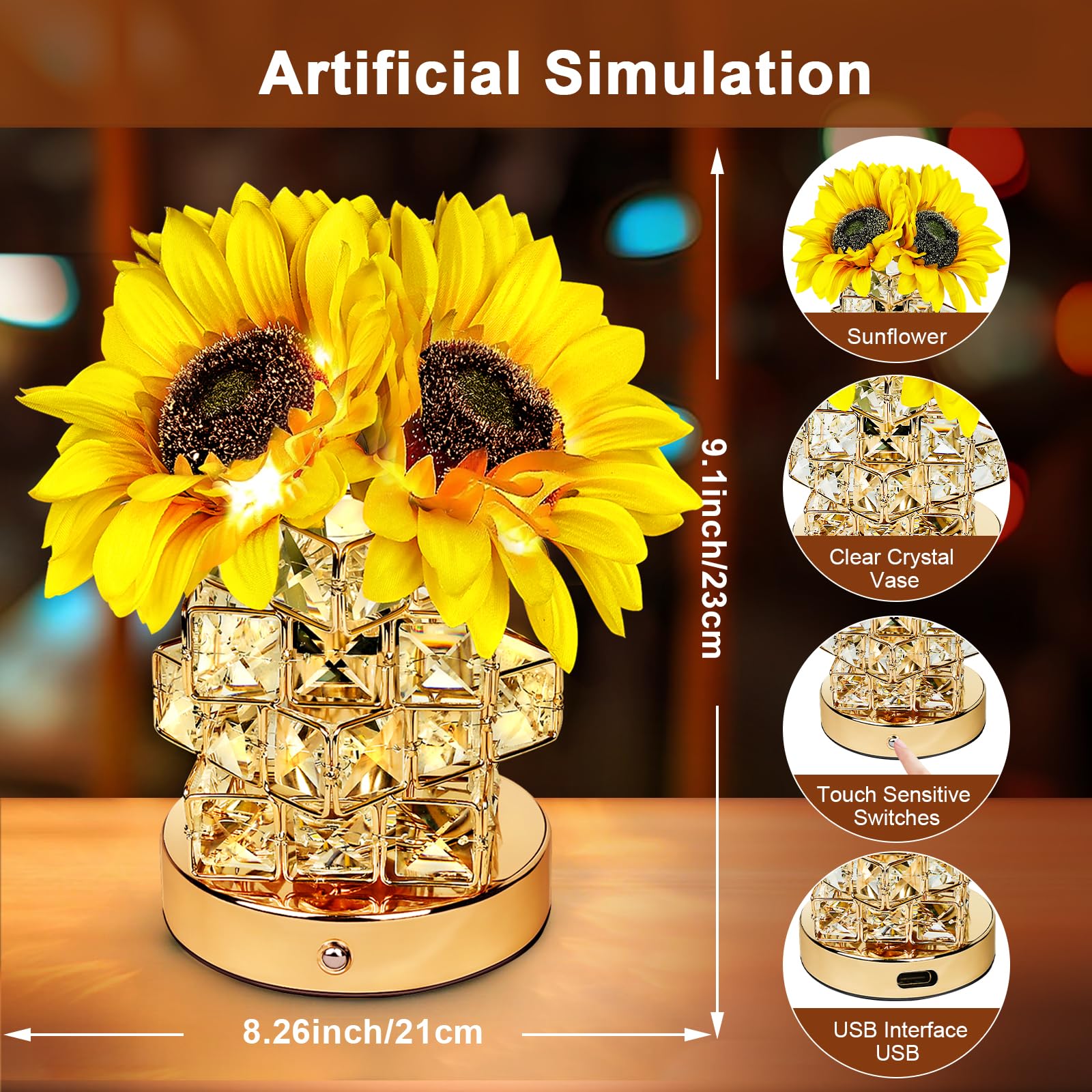 Sldhfe Sunflower Lamp, 3 Colour Rechargeable Cordless Touch Nightstand Table Led Flower Lamp, Led Lighted Flower, Small Night Light For Festival, Restaurant, Bedroom And Living Room