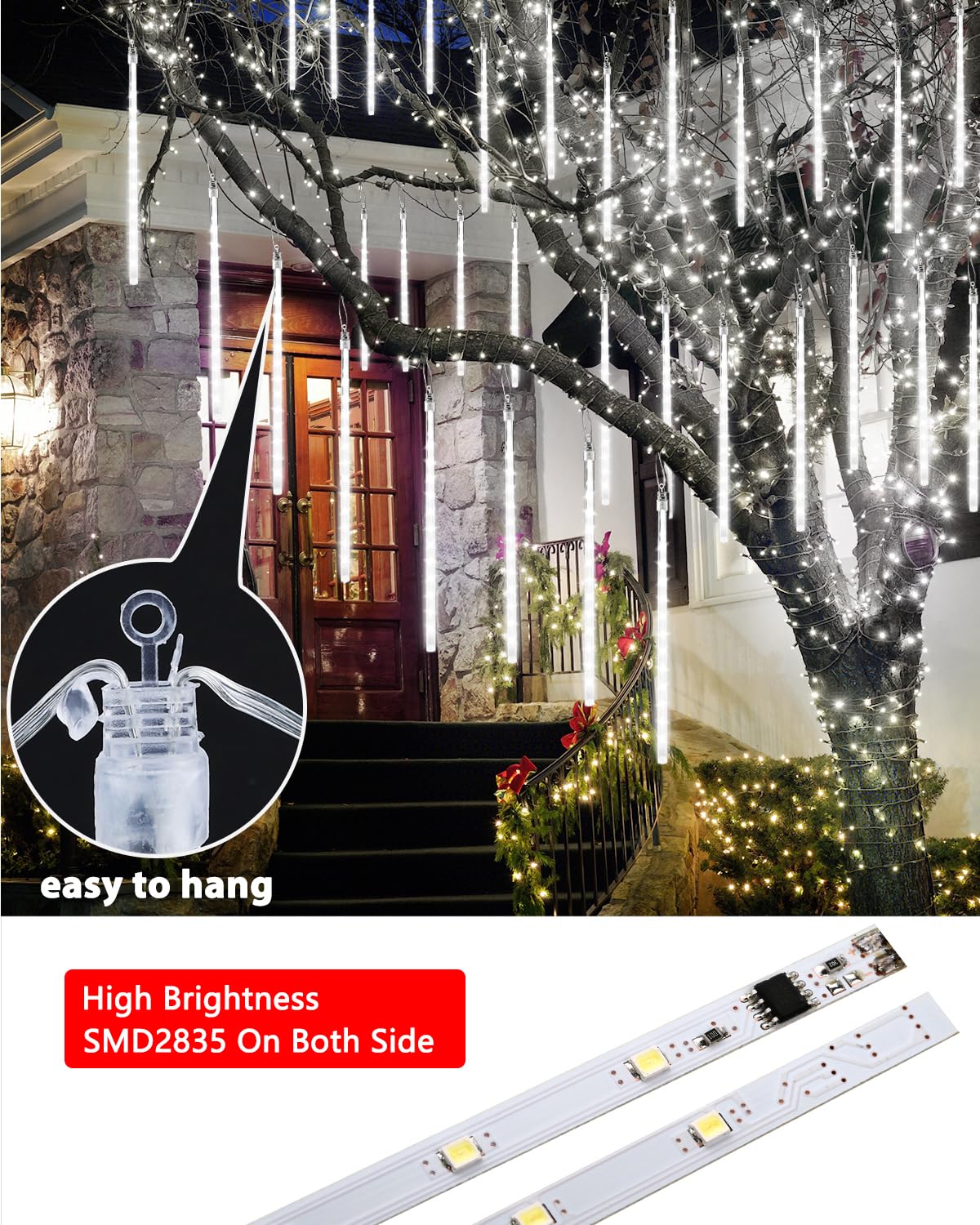 Flacchi White 10 Tube 240 Led Raindrop Meteor Shower Icicle Lights With Timer Function For Holiday Party Christmas Decorations