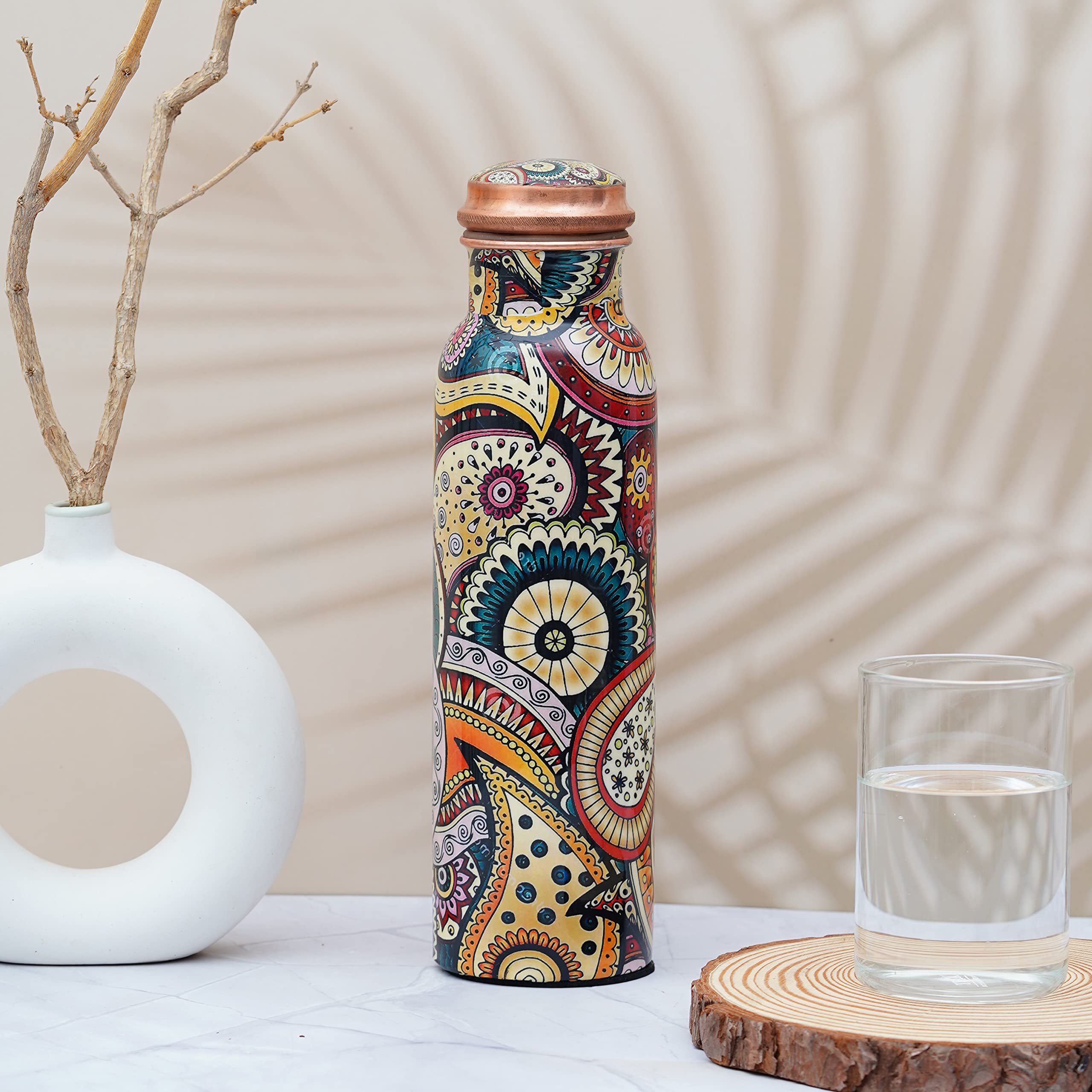 Craft Trade Printed Copper Bottle With Lid And Carry Bag For Drinking Water Leak Proof
