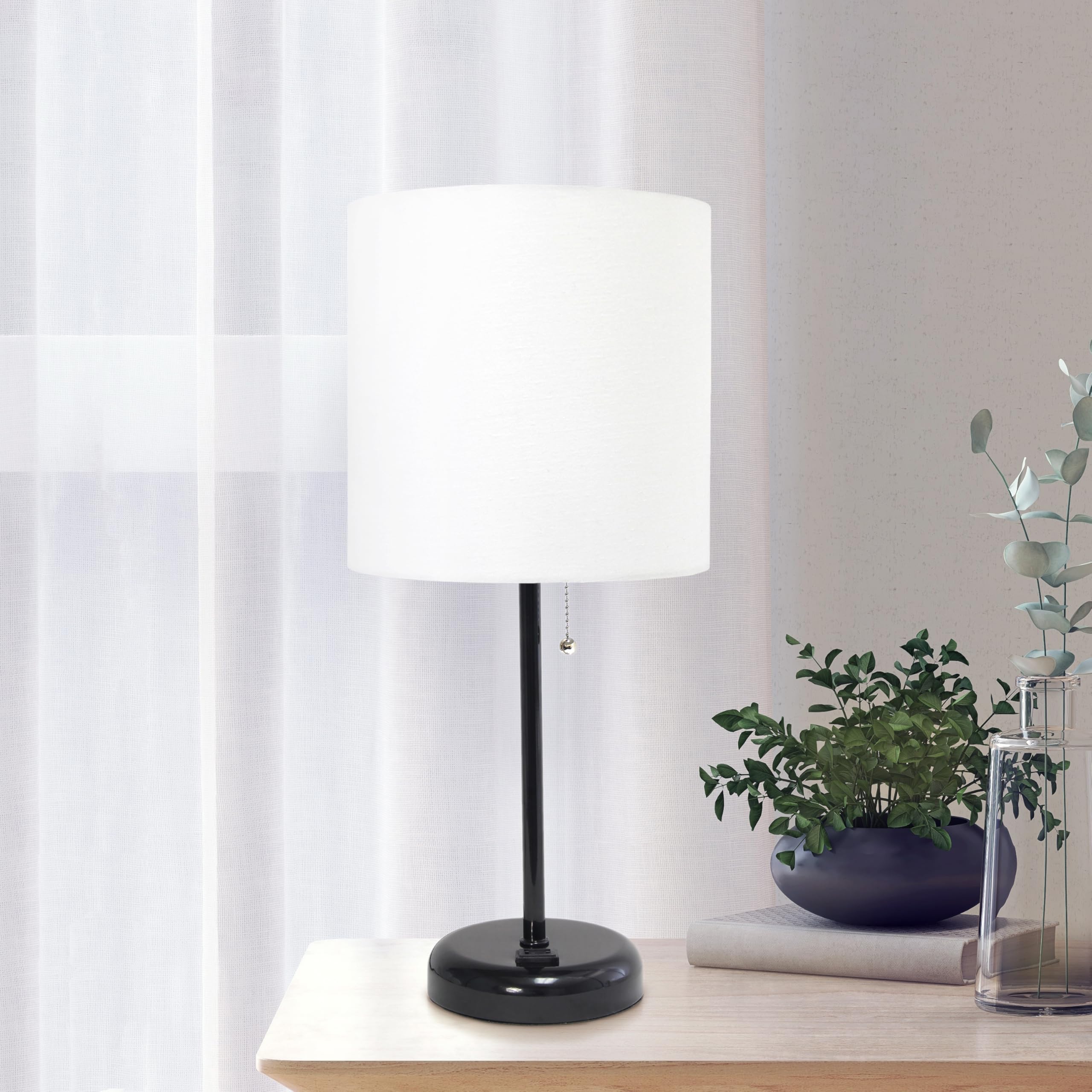 Creekwood Home Oslo 19.5" Contemporary Bedside Power Outlet Base Standard Metal Table Desk Lamp In Black With White Drum Fabric Shade For Home Décor With Feit Led Bulb